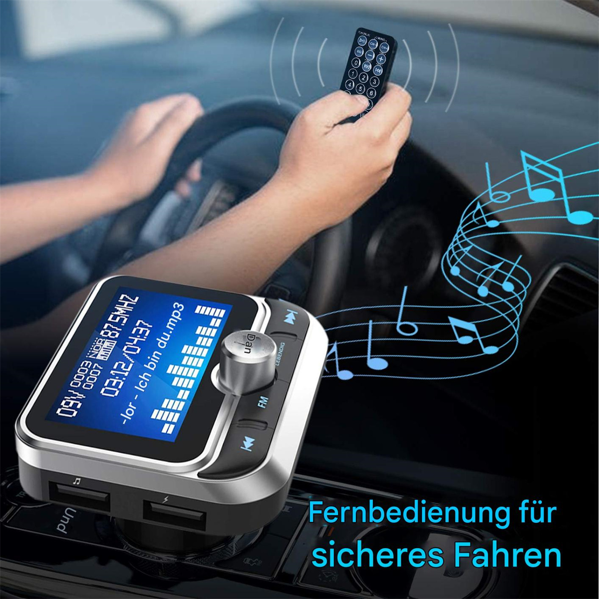 Auto-FM-Transmitter in Betrieb. Eine Hand hält die Fernbedienung. Text: Fernbedienung für sicheres Fahren.
