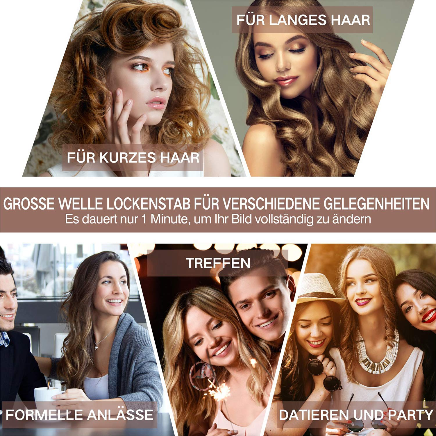 Menschen mit verschiedenen Frisuren und in verschiedenen sozialen Umgebungen.