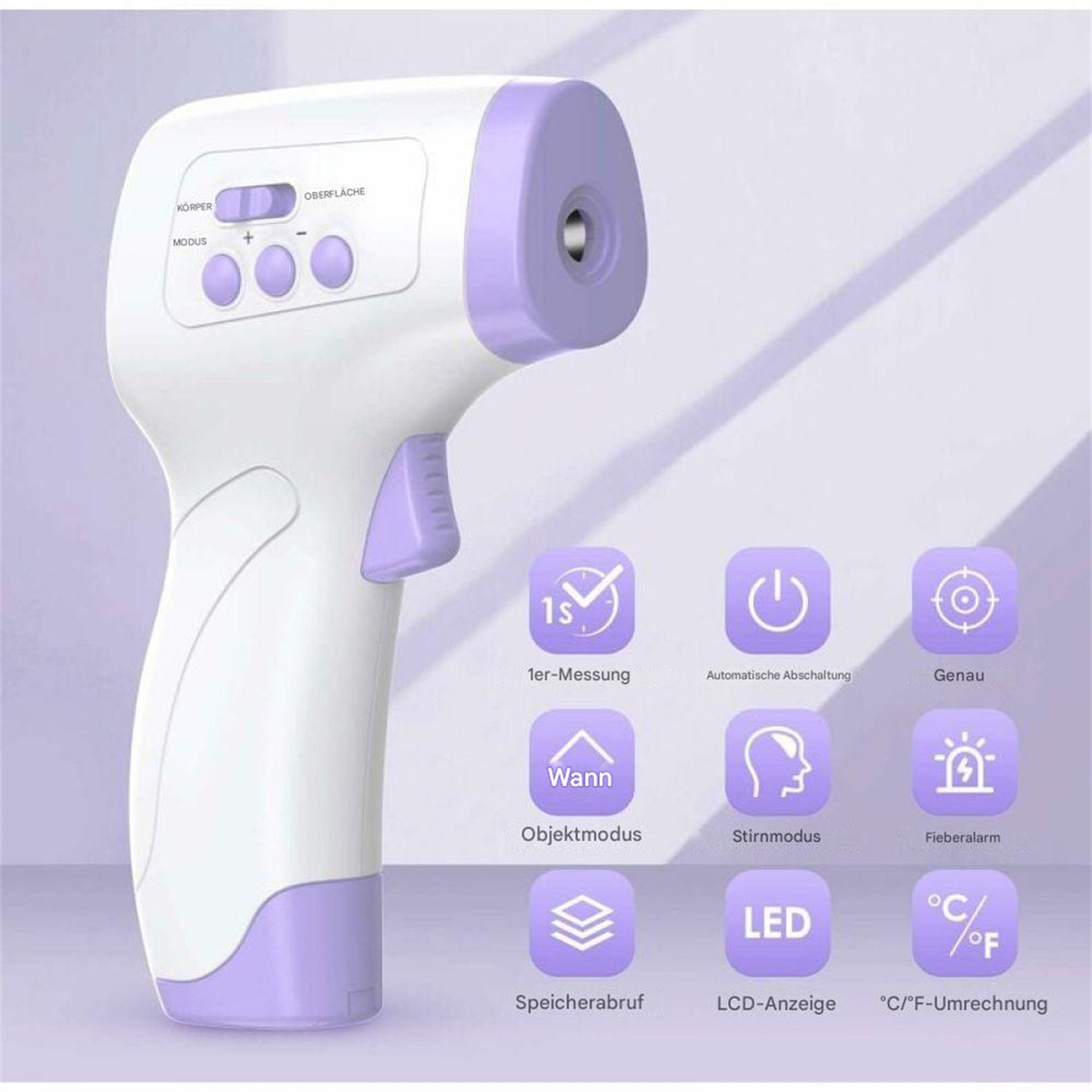 Ein weißes und lila kontaktloses Thermometer mit verschiedenen Funktionssymbolen. Weißer Hintergrund.