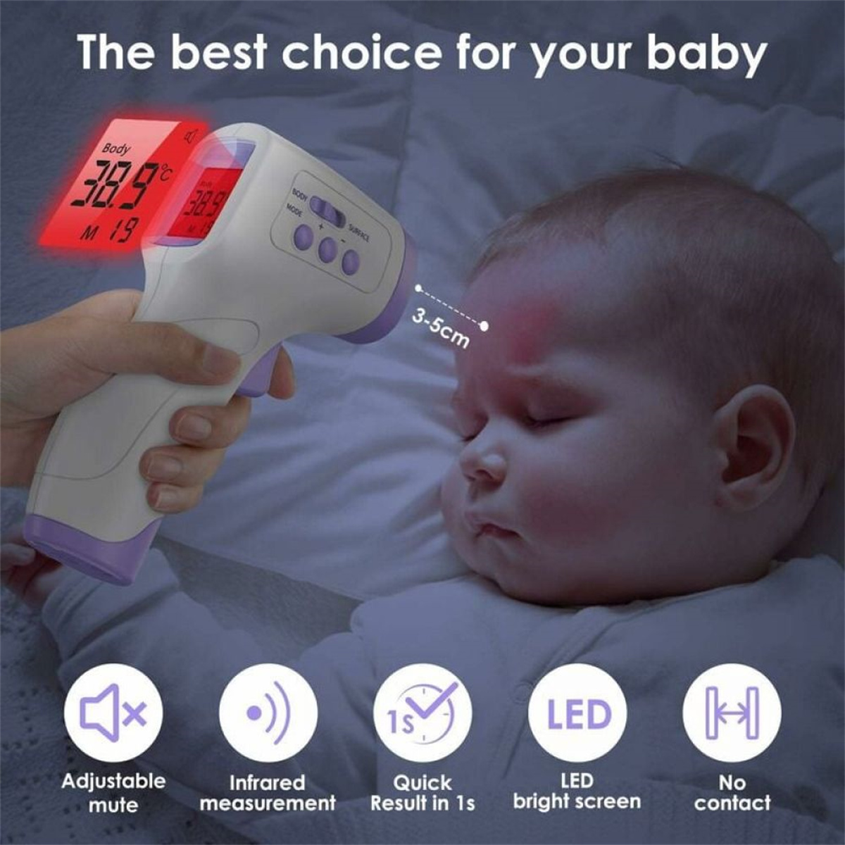Eine Hand, die ein Thermometer in der Nähe der Stirn eines Babys hält. Thermometer zeigt hohe Temperatur.