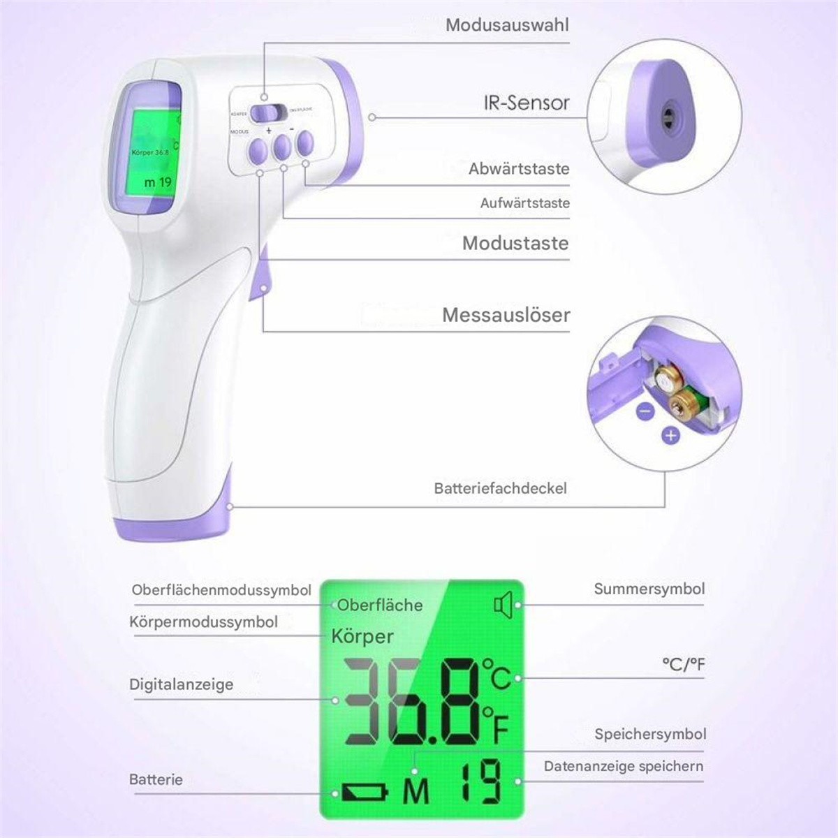 Thermometer zeigt Temperaturmesswert. Detaillierte Ansicht des Geräts und seiner Funktionen. Weißer Hintergrund.