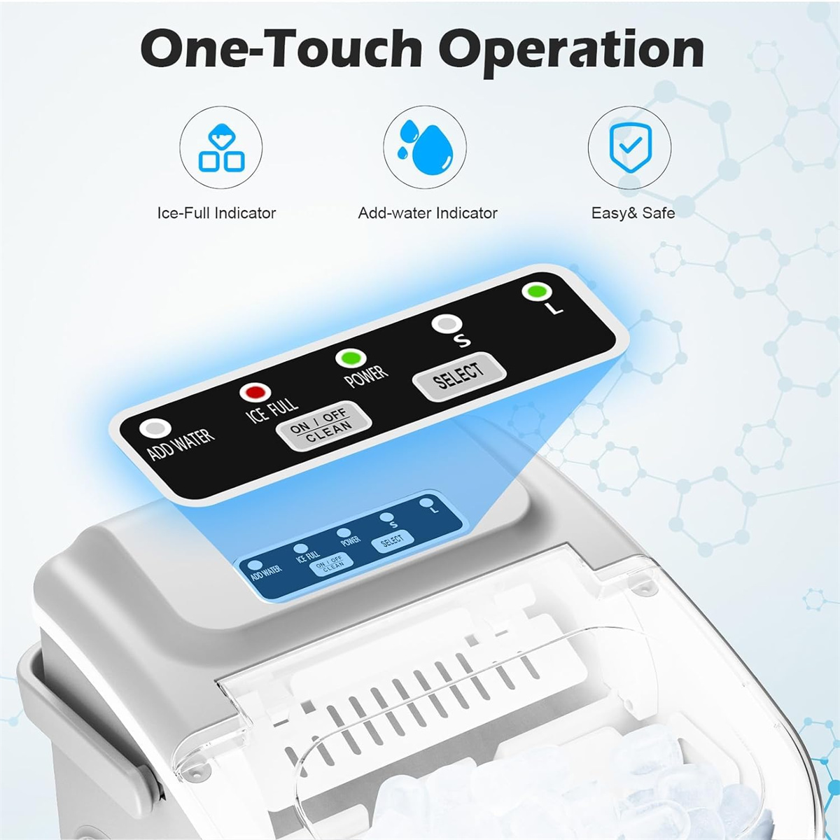 Eismaschine mit Tasten für Wasser, Eis und Strom. Text lautet: 'One-Touch-Bedienung'.