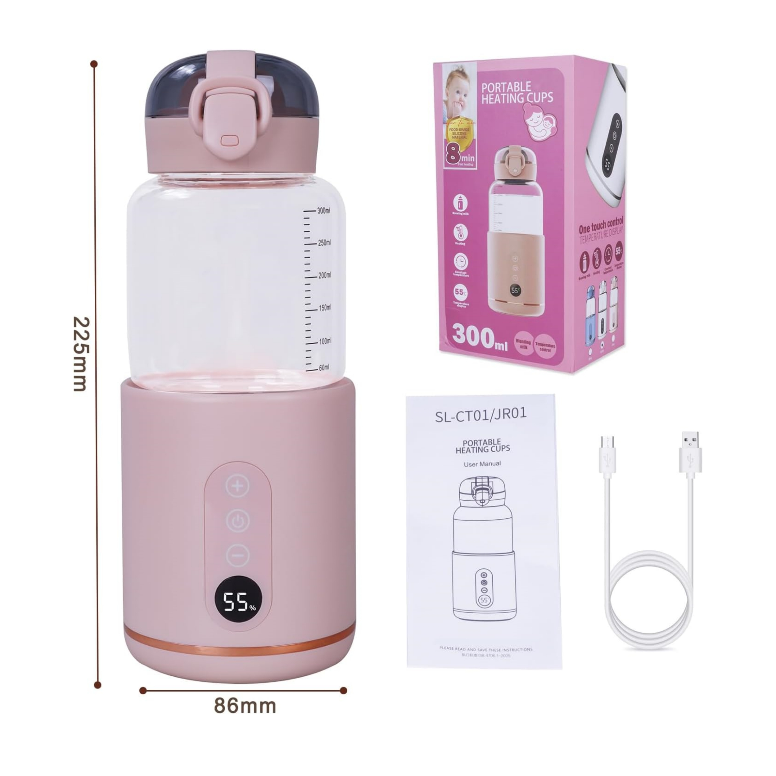 Rosa Babyflasche mit Messungen, Box und Ladekabel. Es hat eine digitale Anzeige.