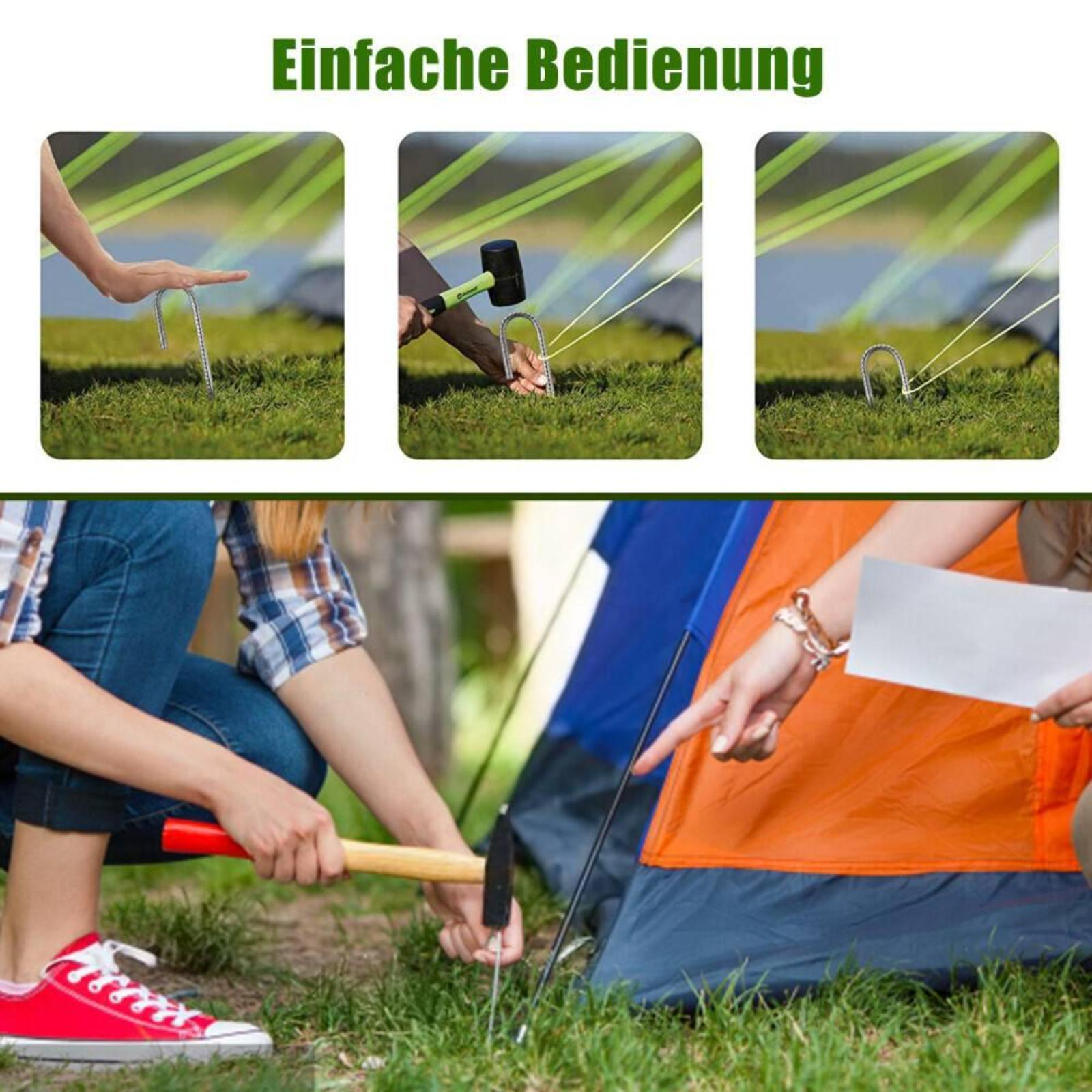 Anweisungen zur Zeltpflockinstallation. Zeigt eine Person, die einen Hammer und eine Hand verwendet, um die Pflöcke zu platzieren.