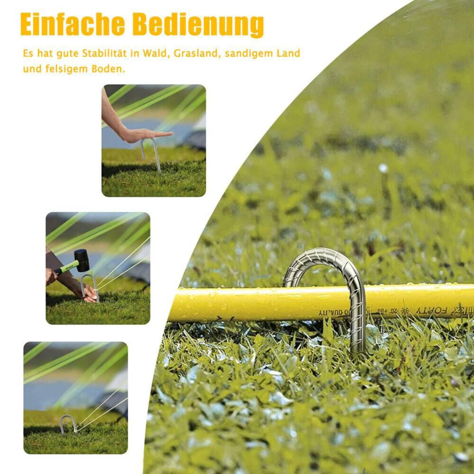 Anweisungen zur Zeltpflockinstallation. Zeigt eine Person, die einen Hammer verwendet, um die Pflöcke auf Gras zu platzieren.