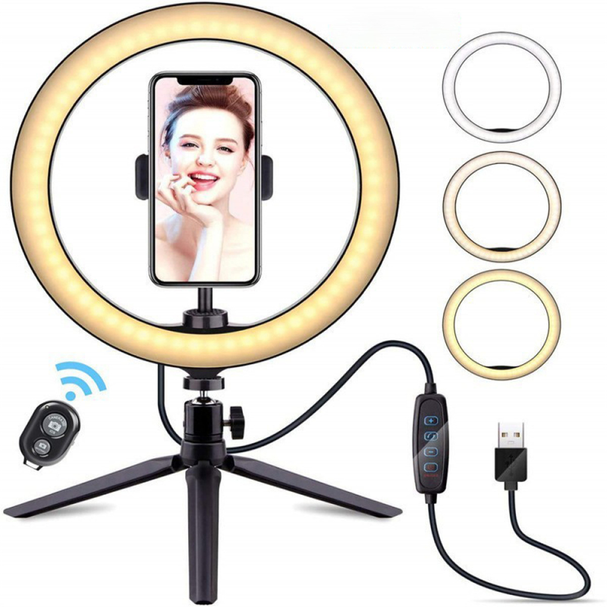 Frau mit Telefon in einem Ringlicht. Das Licht hat eine Fernbedienung und ein USB-Kabel.