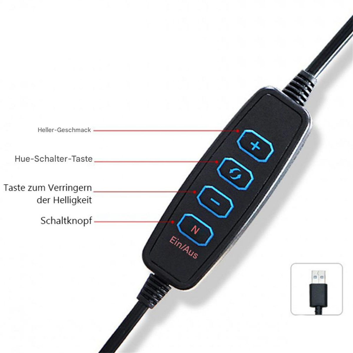 Bedienfeld mit Tasten und Beschriftungen zur Einstellung der Lichteinstellungen und Stromversorgung, mit USB-Anschluss.
