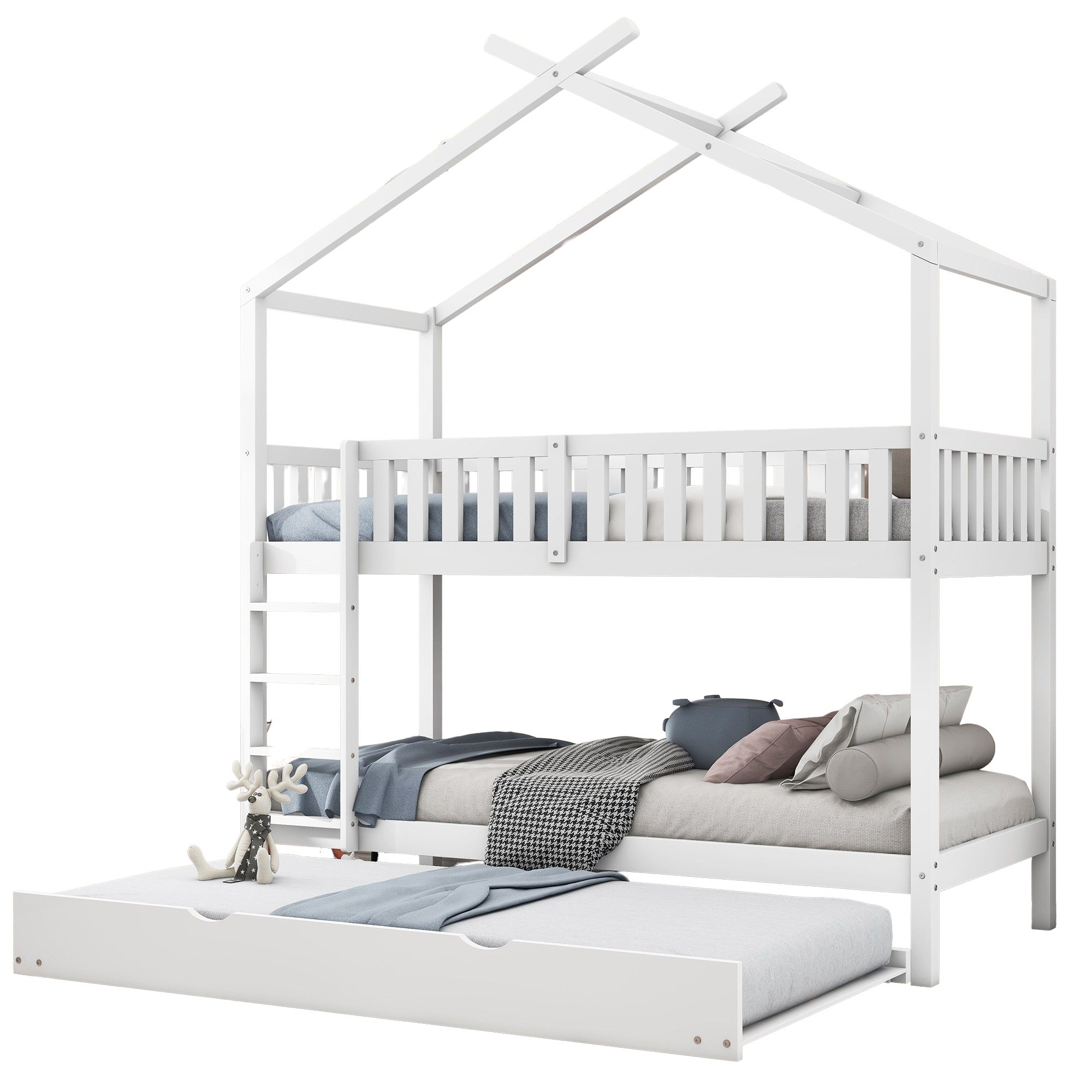 Weißes Etagenbett mit hausförmigem Dach. Verfügt über eine Leiter und ein ausziehbares Rollbett.