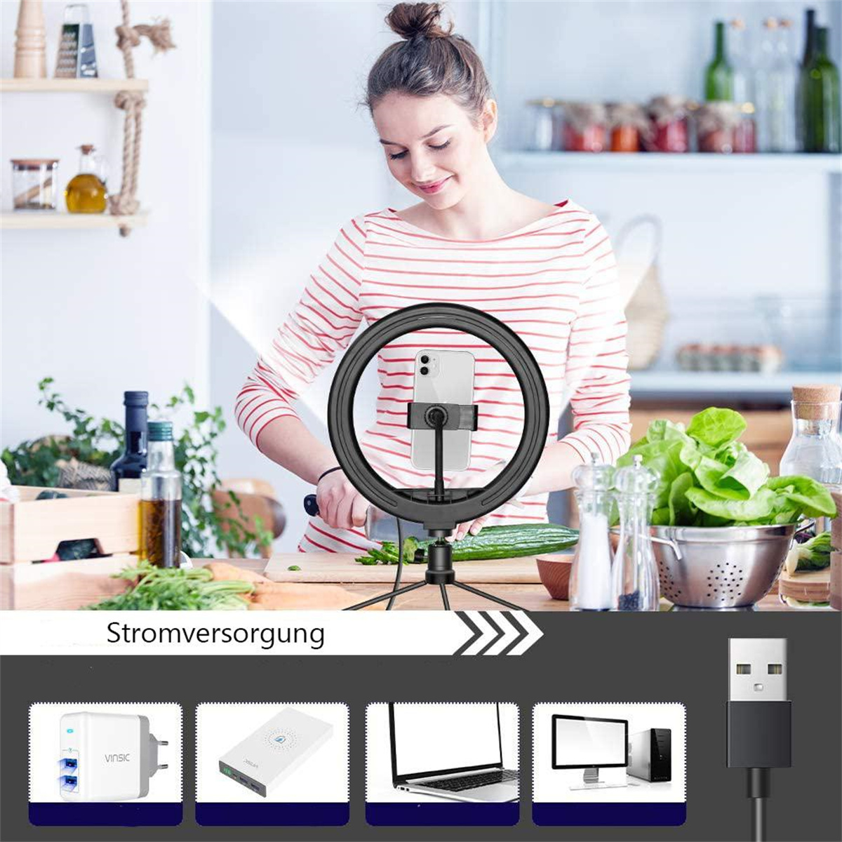 Frau mit Ringlicht-Setup. Zeigt Ringlicht, Telefon, Stativ und Stromversorgungsoptionen unten.