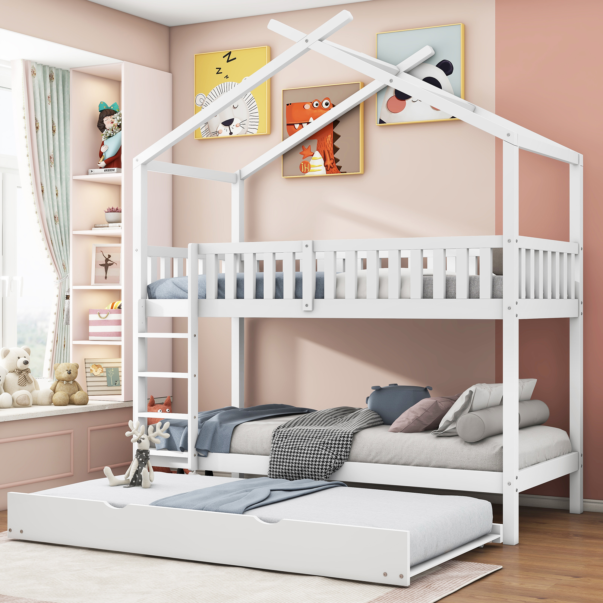 Ein weißes Etagenbett mit hausförmigem Rahmen. Inklusive Ausziehbett und bunte Kunst.