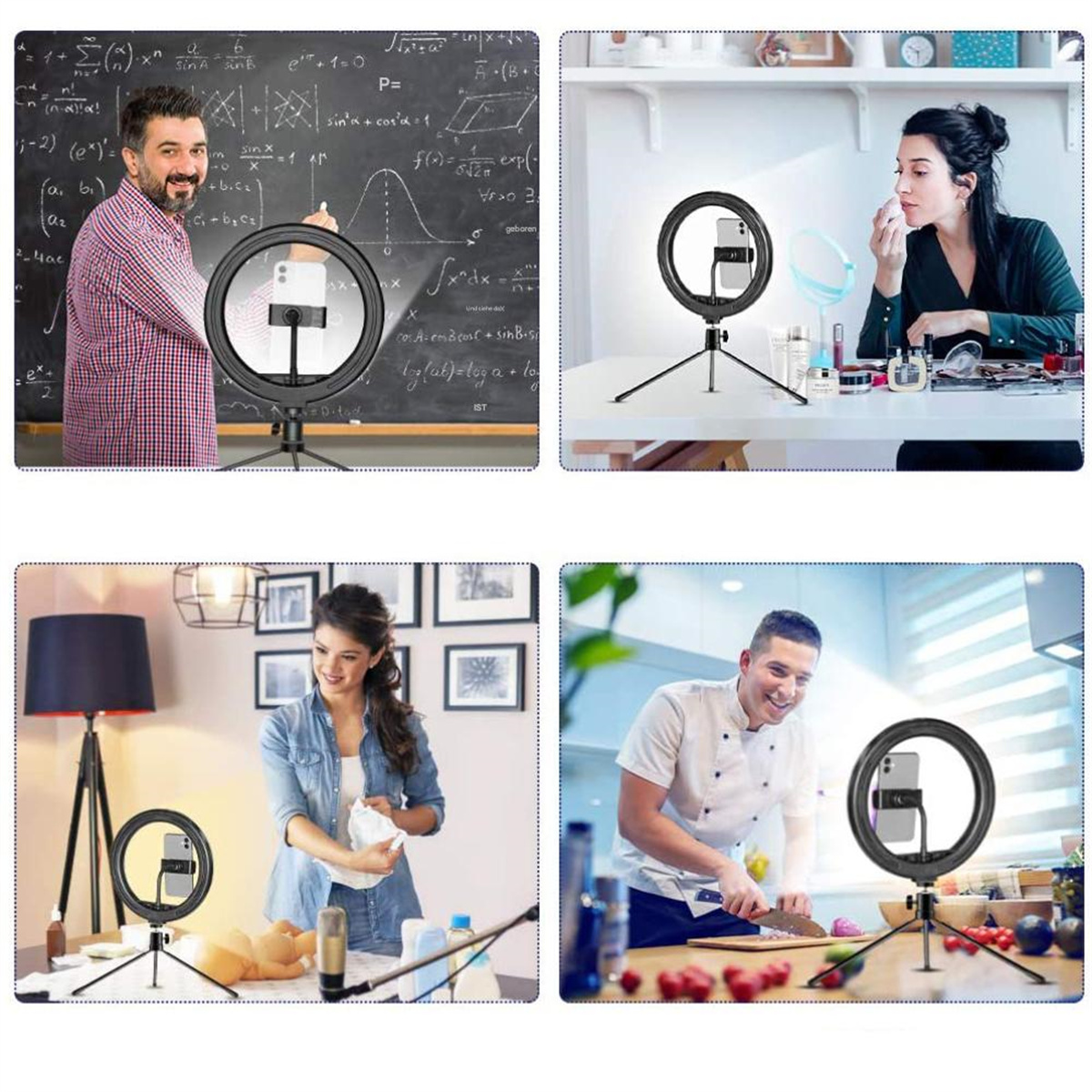 Vier Bilder, die zeigen, wie Menschen Ringlichter für verschiedene Aktivitäten nutzen: Lehren, Make-up und Kochen.