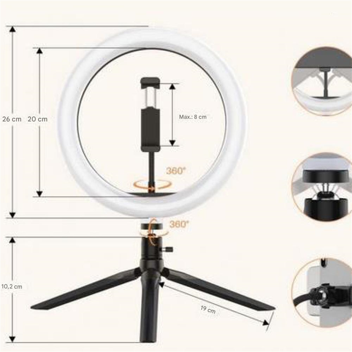 Ringlicht auf einem Stativ, mit Messungen und Details des Lichts.