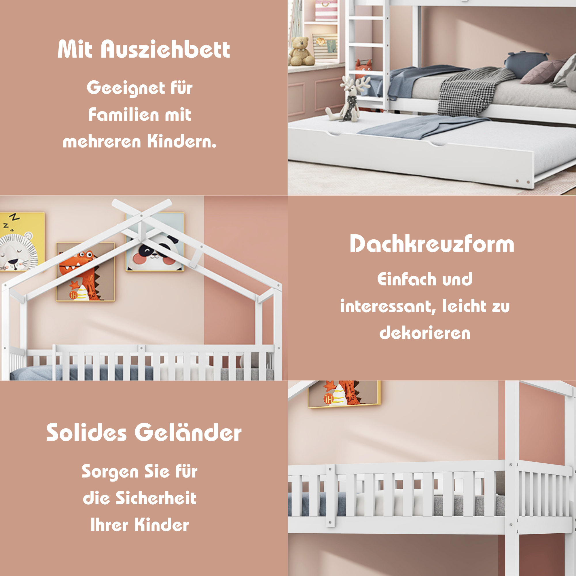 Collage von Bildern mit Text auf rosa Hintergrund, der Details über Etagenbetten für Kinder zeigt.