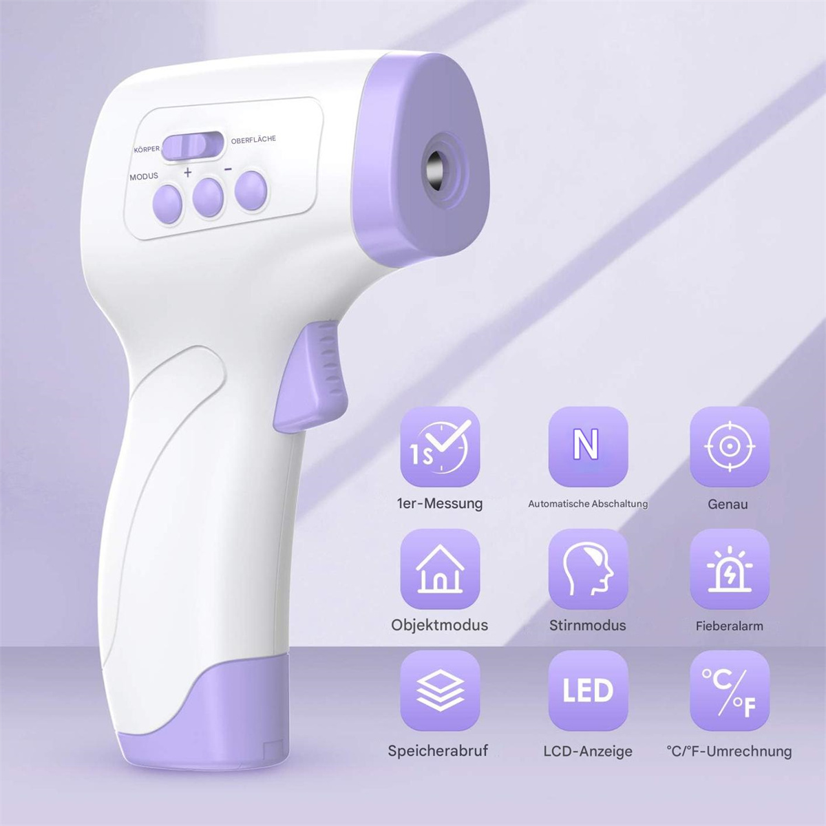 Ein weißes und lila Infrarot-Thermometer mit Knöpfen und einem Display zur Temperaturanzeige.