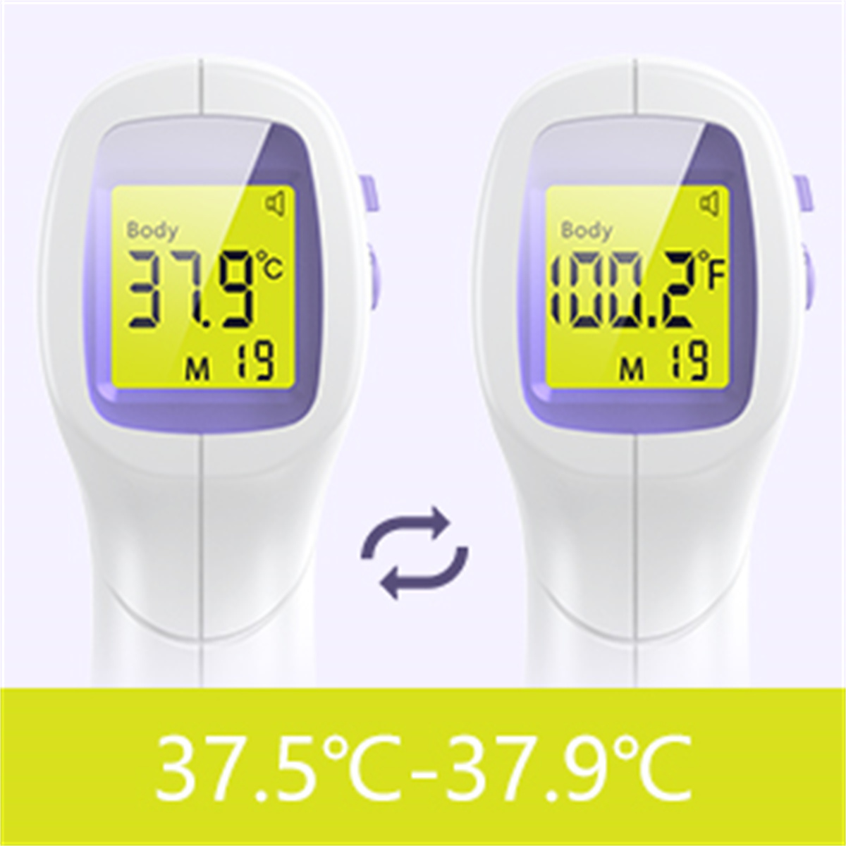 Zwei Infrarot-Thermometer, die unterschiedliche Temperaturen anzeigen. Die Anzeige zeigt 37,9°C und 100,2°F.