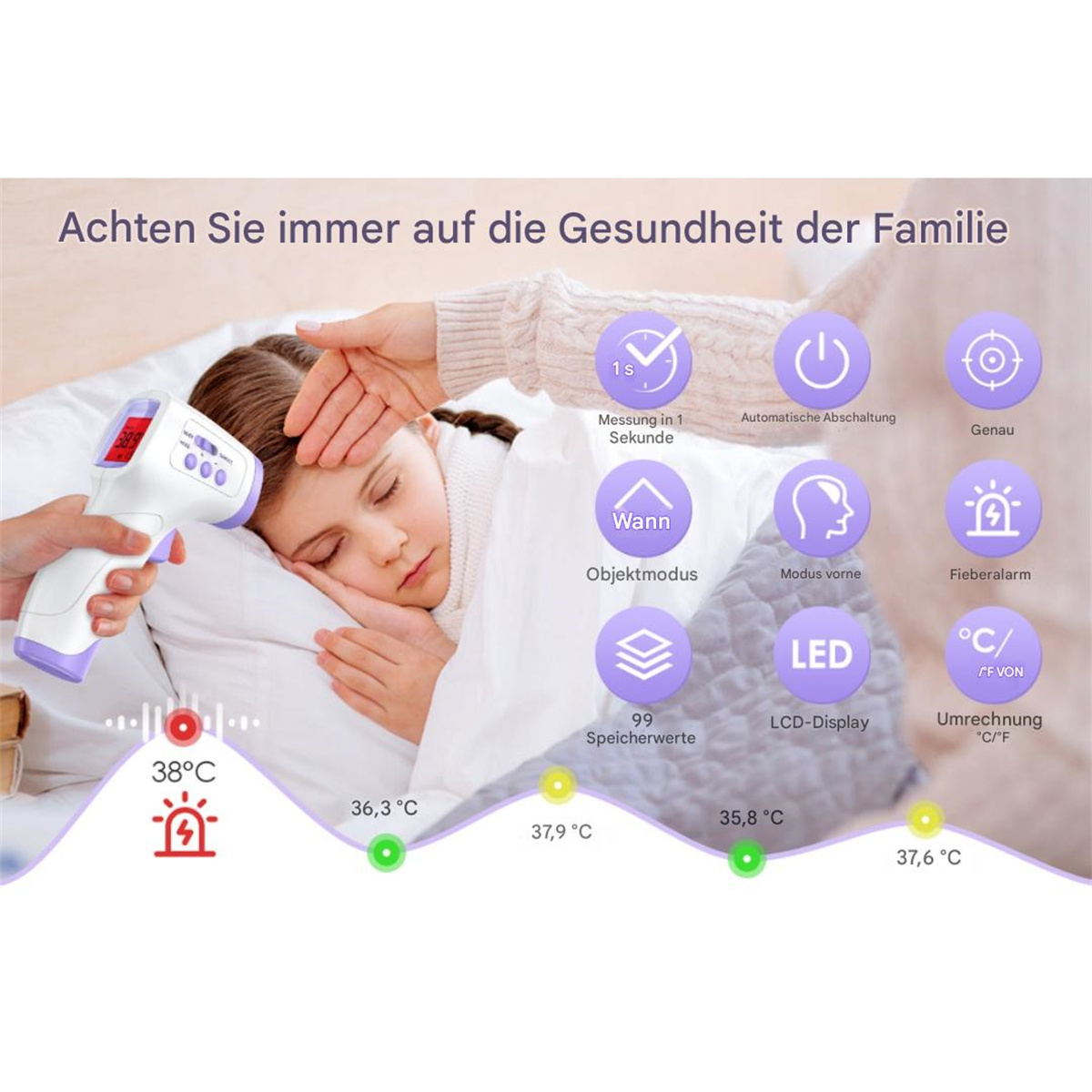 Kind, das mit einem Stirnthermometer untersucht wird. Mehrere Symbole im Zusammenhang mit der Gesundheit sind im Bild gezeigt.