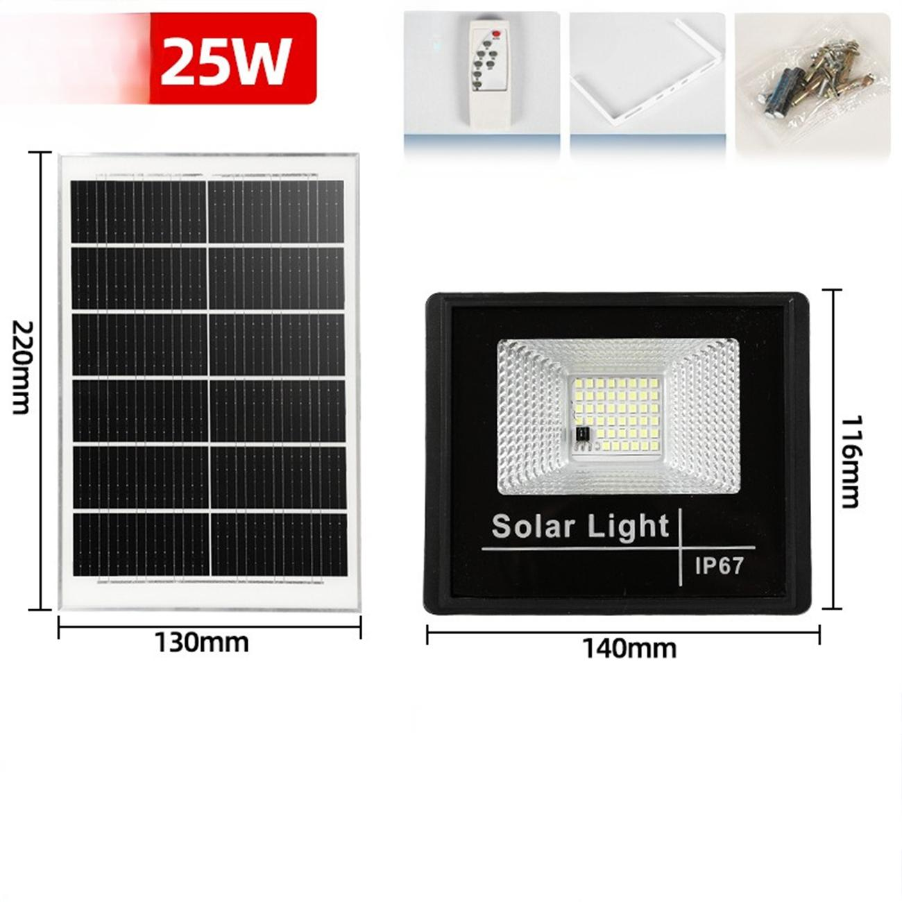 Solarpanel und LED-Leuchte mit Maßen. Das Solarpanel ist links und die Leuchte rechts.