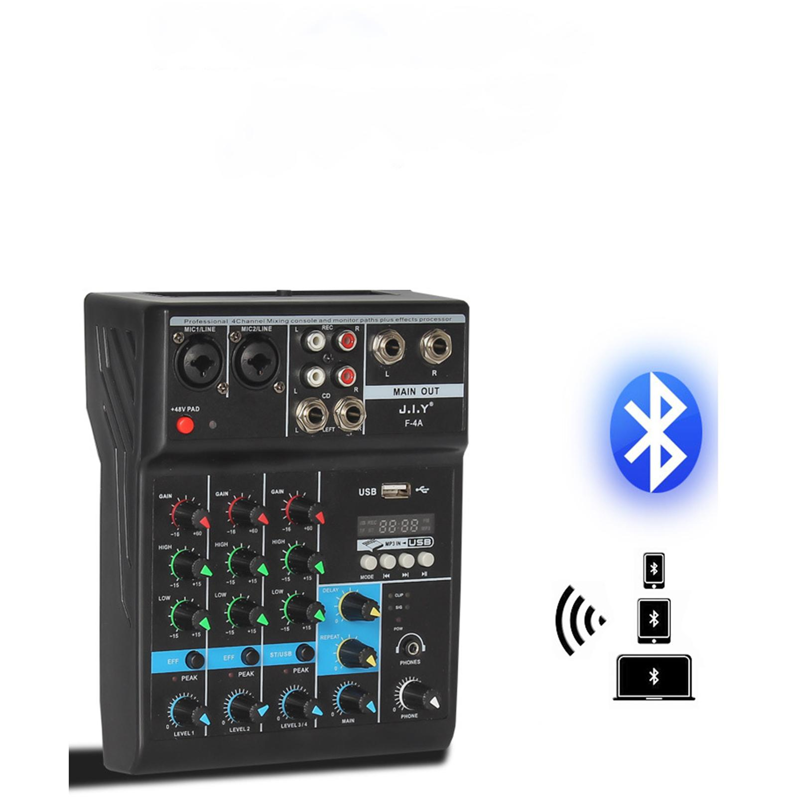 Schwarzer Mischpult mit Knöpfen, Tasten und Eingängen. Bluetooth-Logo und verbundene Geräte sind abgebildet.
