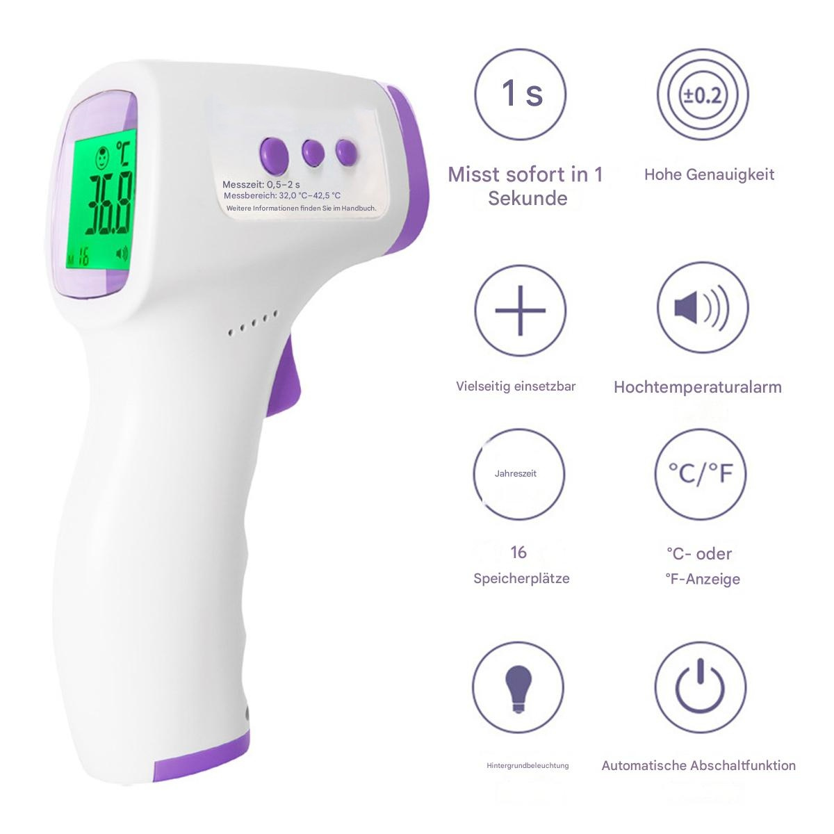 Weiß-violettes Thermometer. Zeigt Temperatur an. Hat Knöpfe und einen Bildschirm. Zusätzliche Symbole.