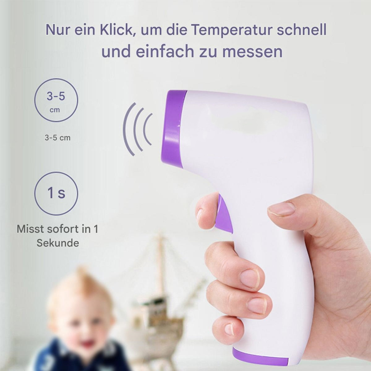 Person hält weiß-violettes Thermometer. Baby im Hintergrund. 1-Sekunden-Symbol sichtbar.