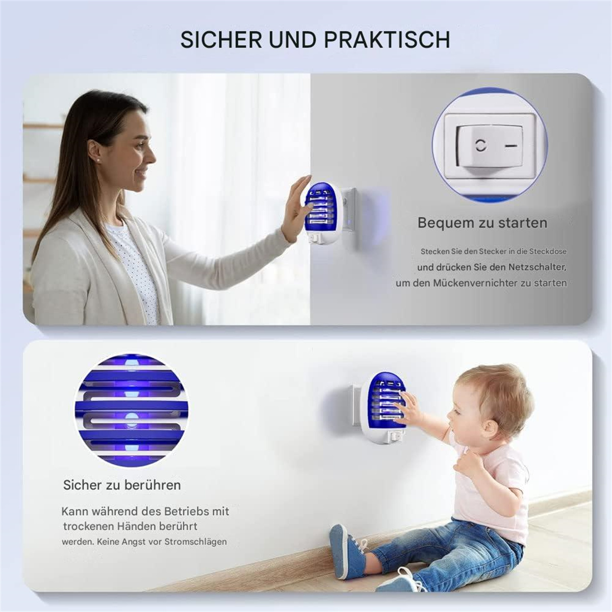 Frau und Baby interagieren mit einem Mückenvernichter an der Wand. Es ist sicher zu berühren.