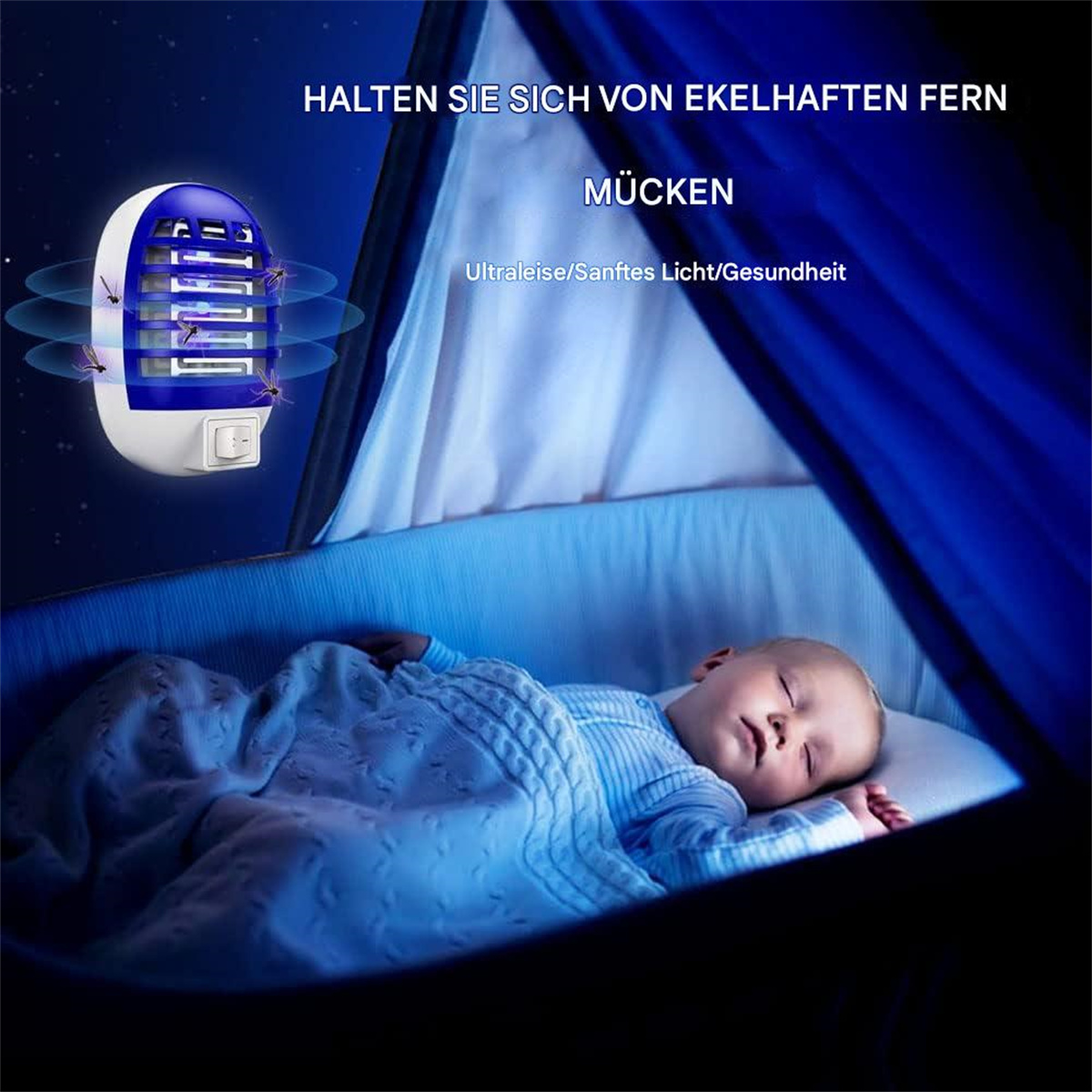 Baby schläft in einem Kinderbett unter einem blauen Moskitonetz. Ein Mückenvernichter links.