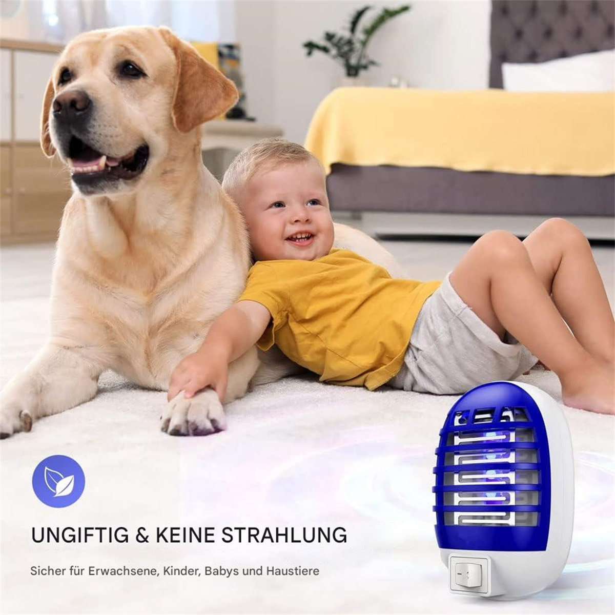 Ein Junge und ein Hund liegen auf einem Teppich neben einem blau-weißen Insektenvernichter.