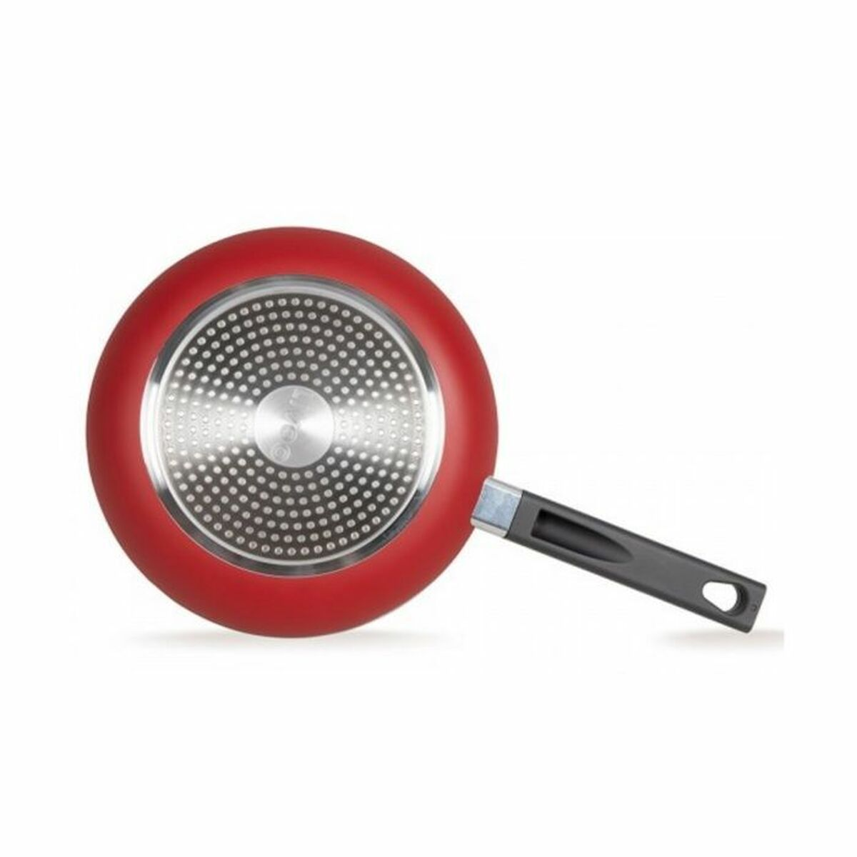Eine rote Bratpfanne mit schwarzem Griff.