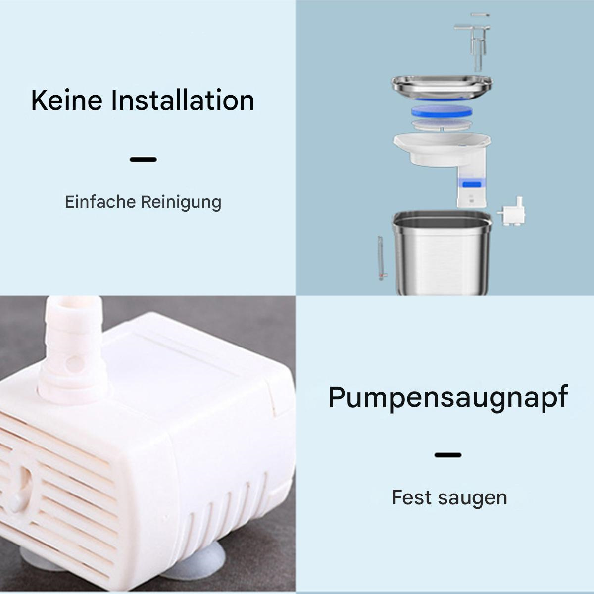Weiße Wasserfontänenkomponenten, mit einer Pumpe und Saugnäpfen, auf blauem Hintergrund.