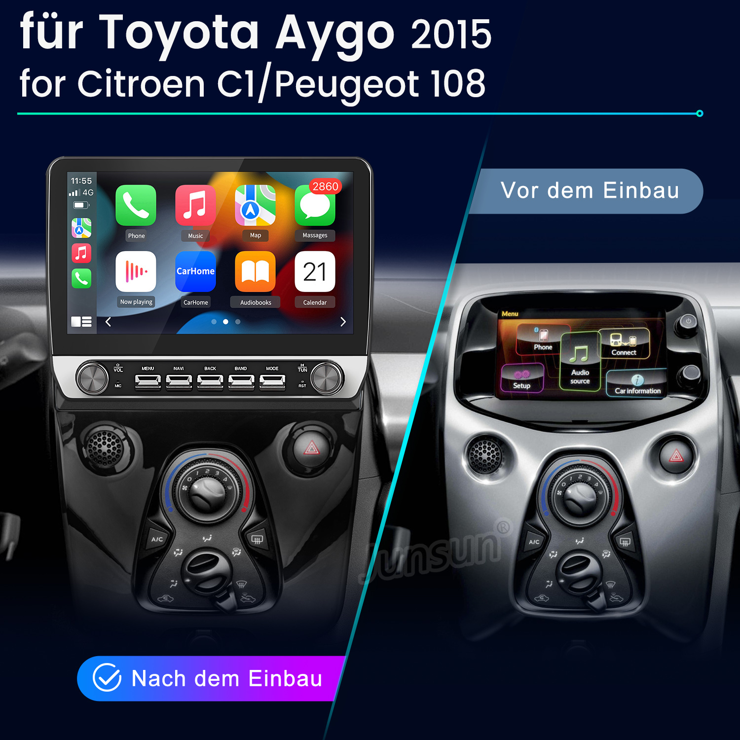 Auto-Multimedia-System. Zeigt einen Vorher-Nachher-Vergleich der Installation. Zeigt Armaturenbrett und Bildschirmschnittstelle des Autos.