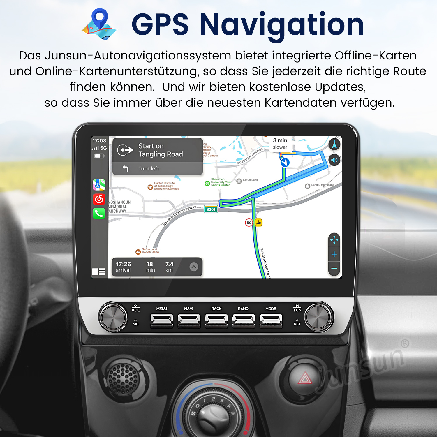 Armaturenbrett des Autos mit GPS-Navigation. Der Bildschirm zeigt eine Karte mit Routenführung und verschiedenen Bedienelementen.