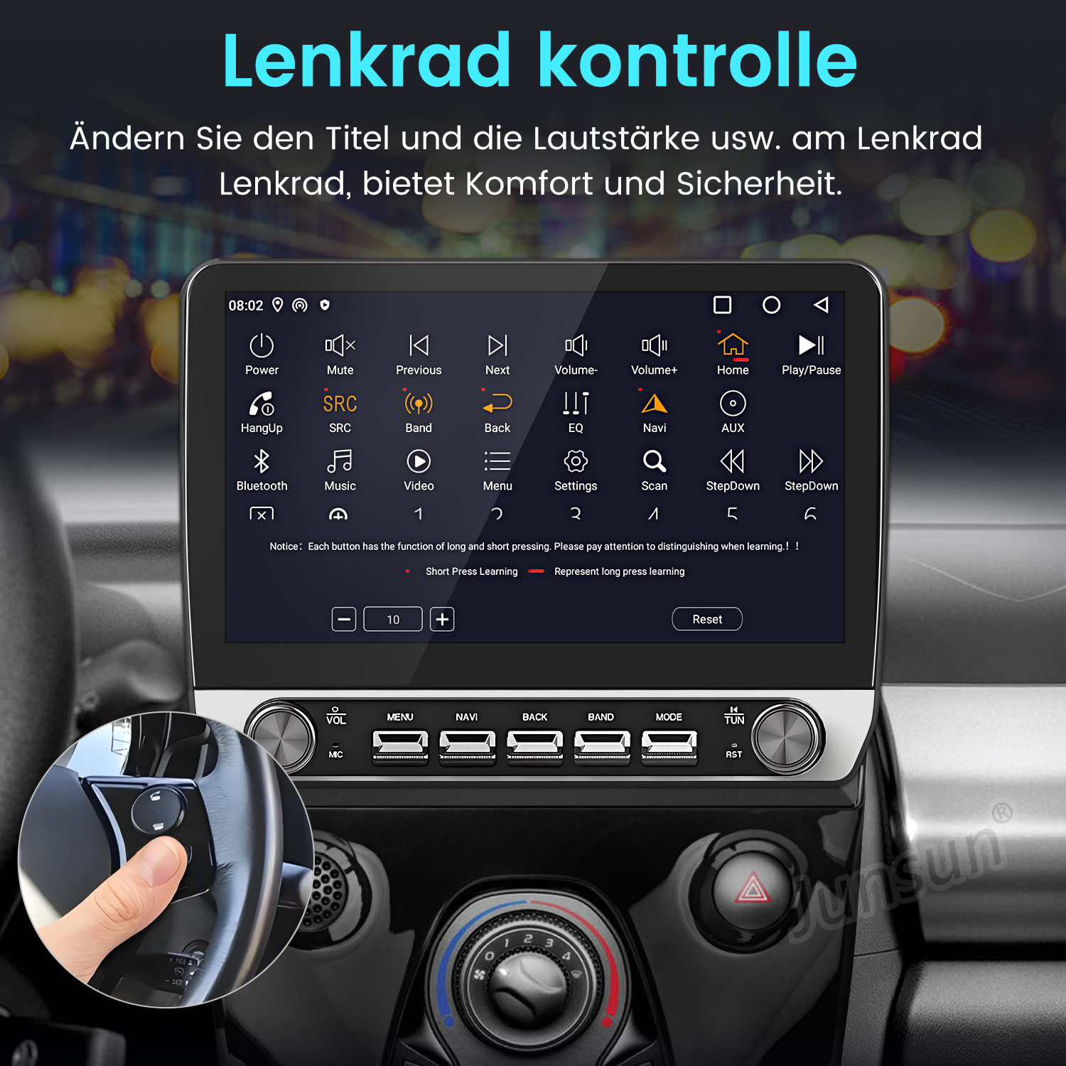 Auto-Multimedia-System mit Knöpfen und Bildschirm mit Einstellungen und Optionen.