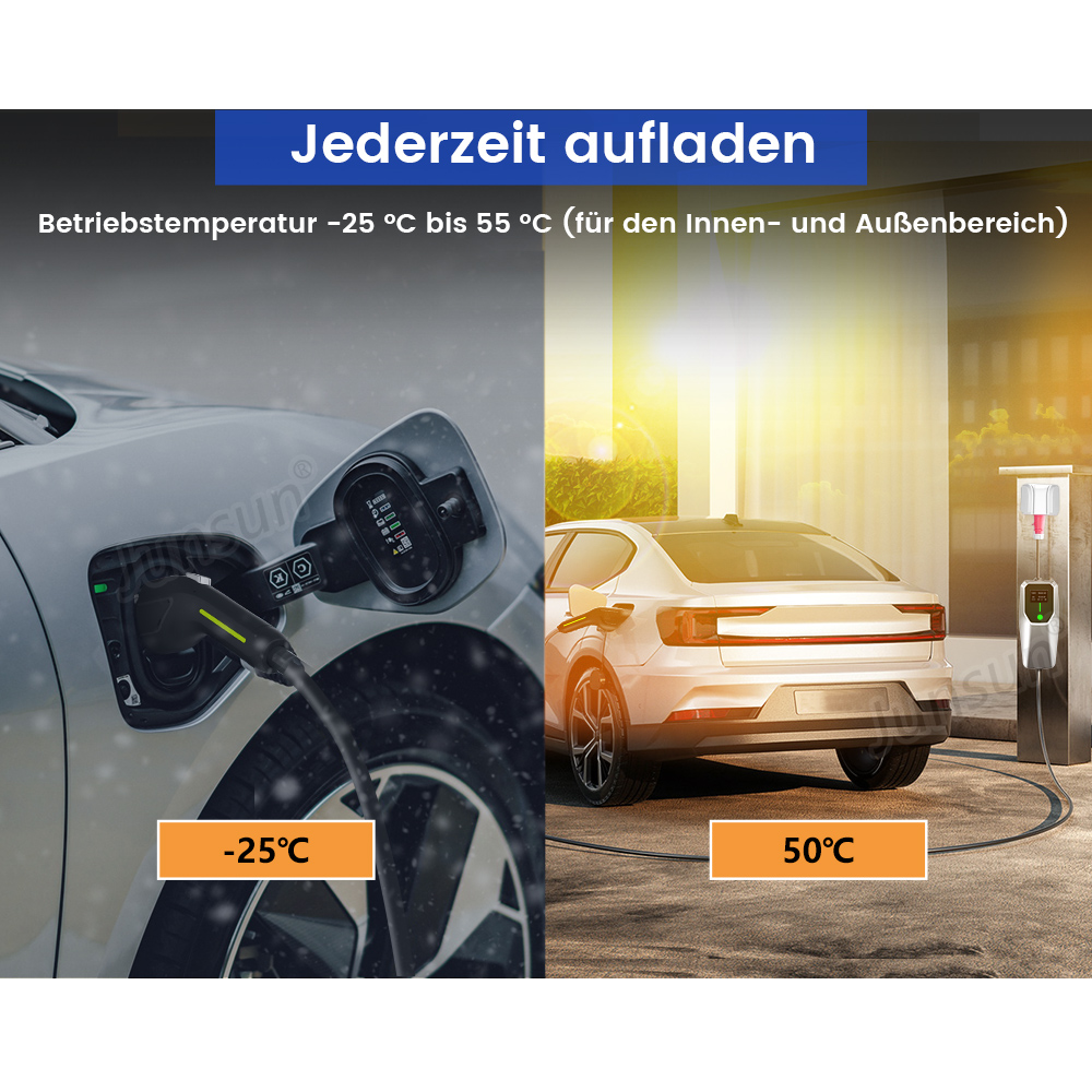 Elektrofahrzeug, das im Winter und Sommer geladen wird. Zwei Szenen: Laden im Schnee und Sonnenlicht.