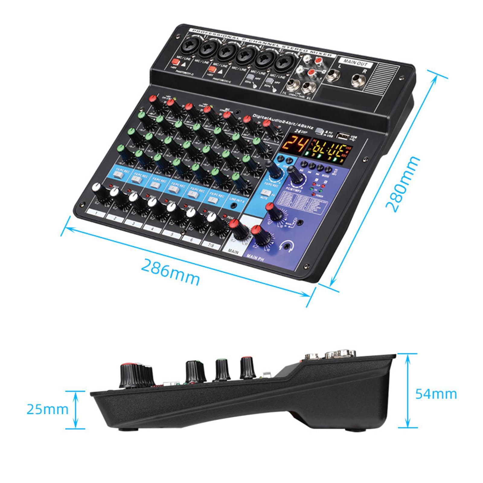 Audiomixer, Draufsicht und Seitenansicht, mit Knöpfen, Reglern und Maßen.