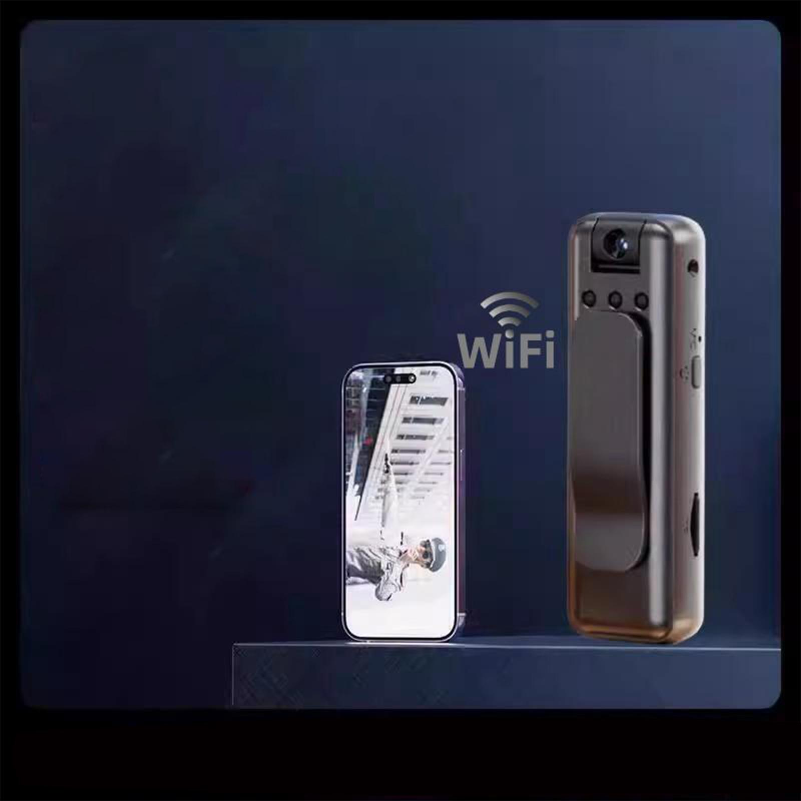 Schwarze Kamera mit Clip und Telefon mit Bild. Ein Wifi-Symbol ist vorhanden.