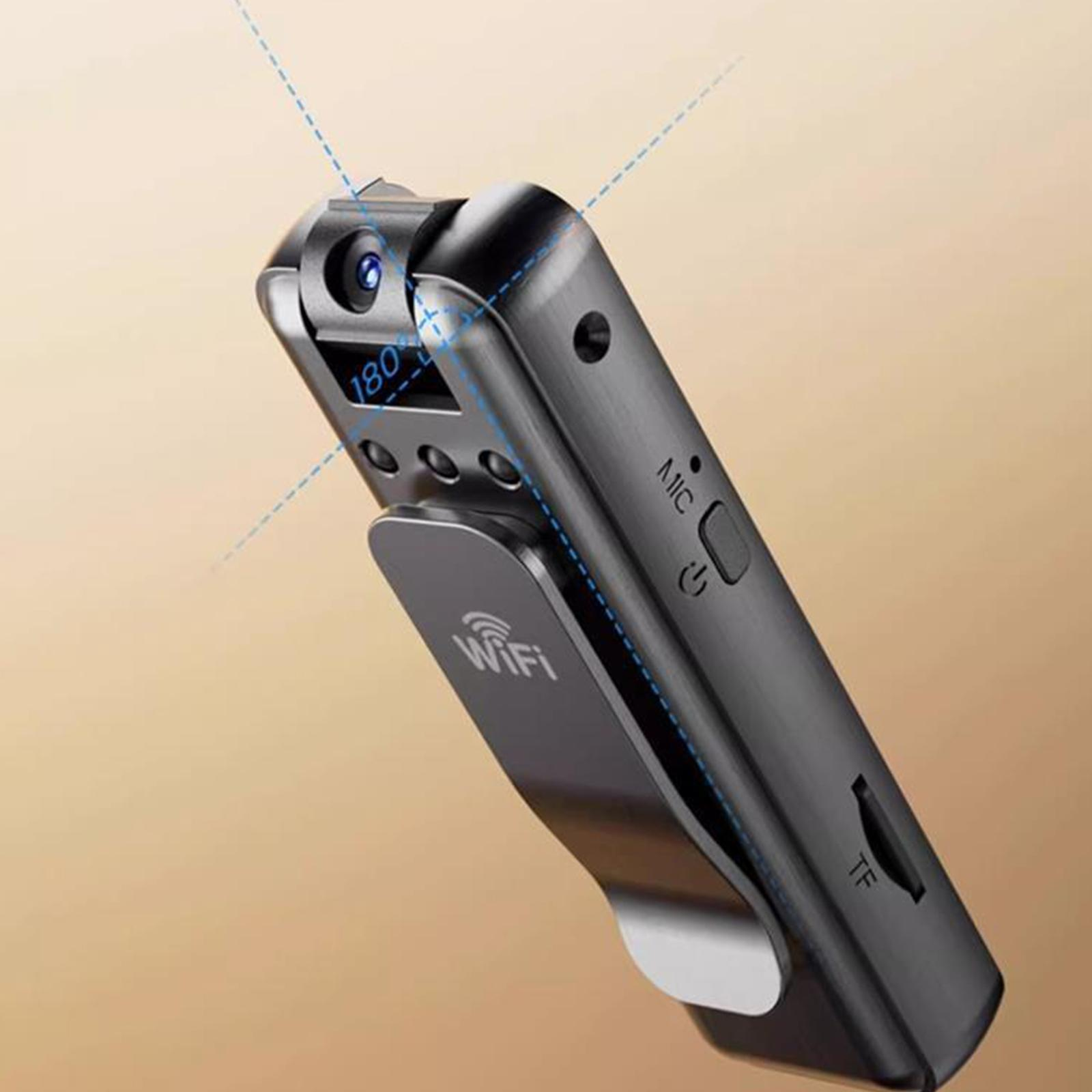 Schwarze Mini-Kamera mit WLAN, Clip und 180-Grad-Blickwinkel.