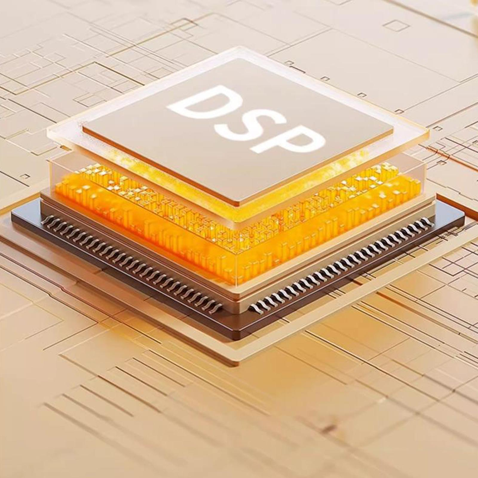 Geschichtetes Bild eines Computerchips mit DSP-Label, das die inneren Schichten zeigt.