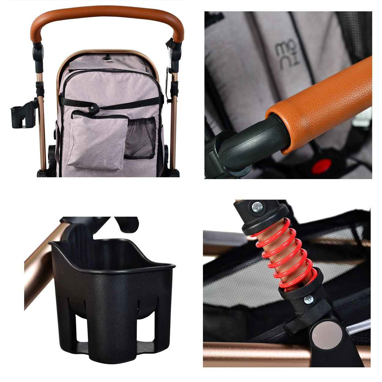 Nahaufnahme der Kinderwagendetails: Griff, Getränkehalter, rote Feder und Rad. Braun, Schwarz und Gold sichtbar.