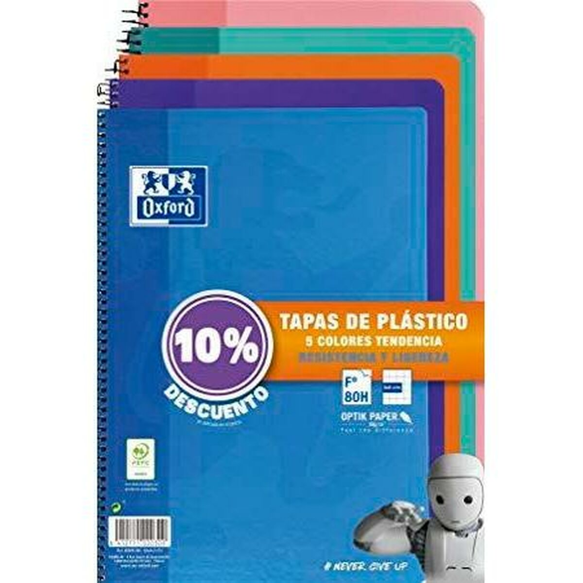 Stapel von Notizbüchern mit Kunststoffdeckeln. Notizbücher sind in verschiedenen Farben. Ein Roboter ist rechts unten.
