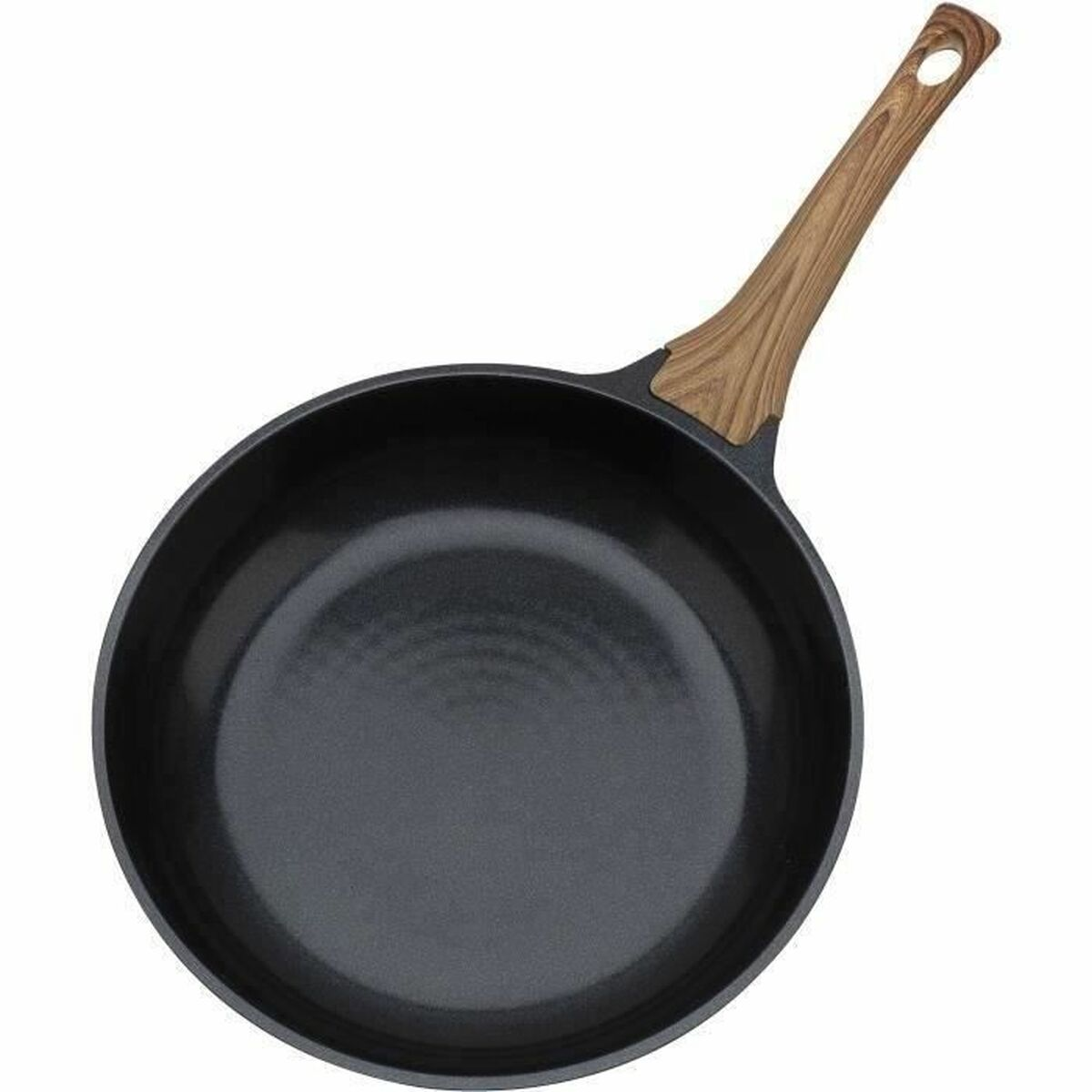 Schwarze Bratpfanne mit Holzgriff. Die Pfanne ist rund und hat ein dunkles Inneres mit Holzgriff.