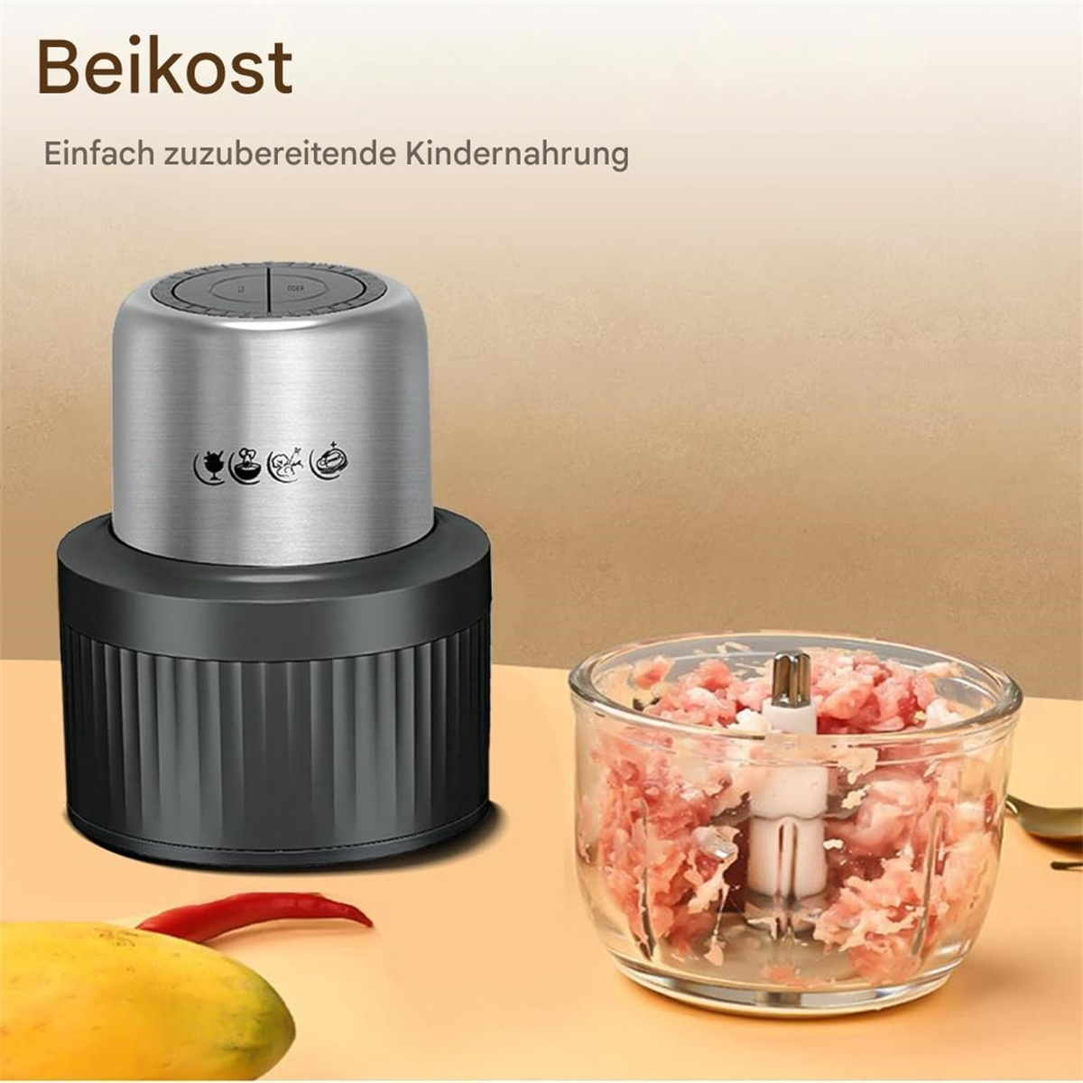 Ein Lebensmittelverarbeiter für Babynahrung, mit dem Namen 'Beikost'. Es gibt auch eine Schüssel mit Essen.