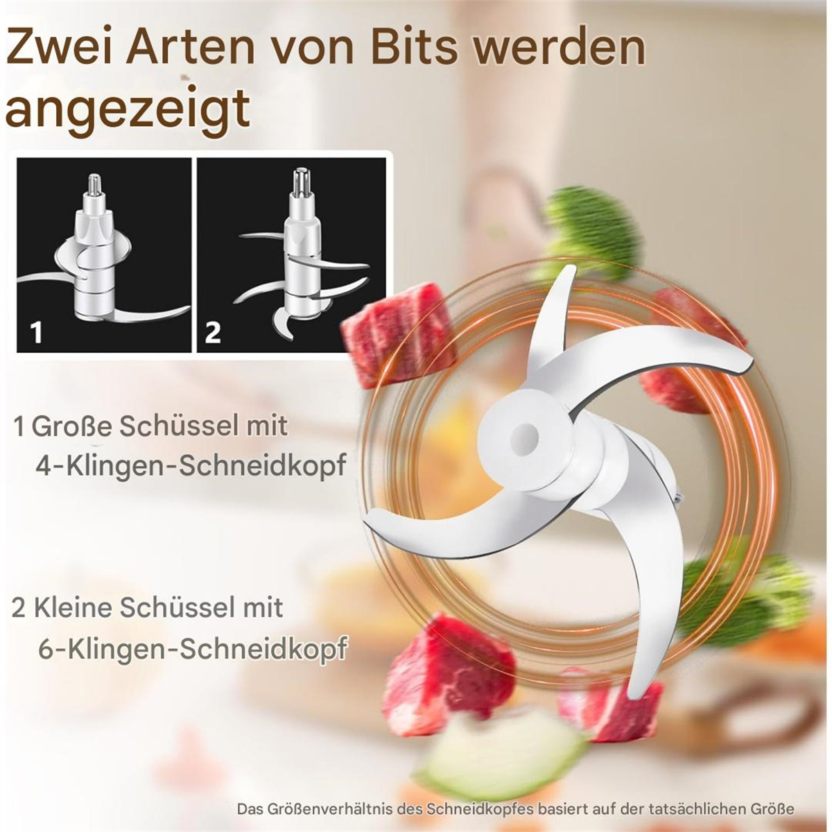 Diagramm einer Küchenmaschinenklinge und Fleisch, mit deutschem Text, der Klingentypen zeigt.