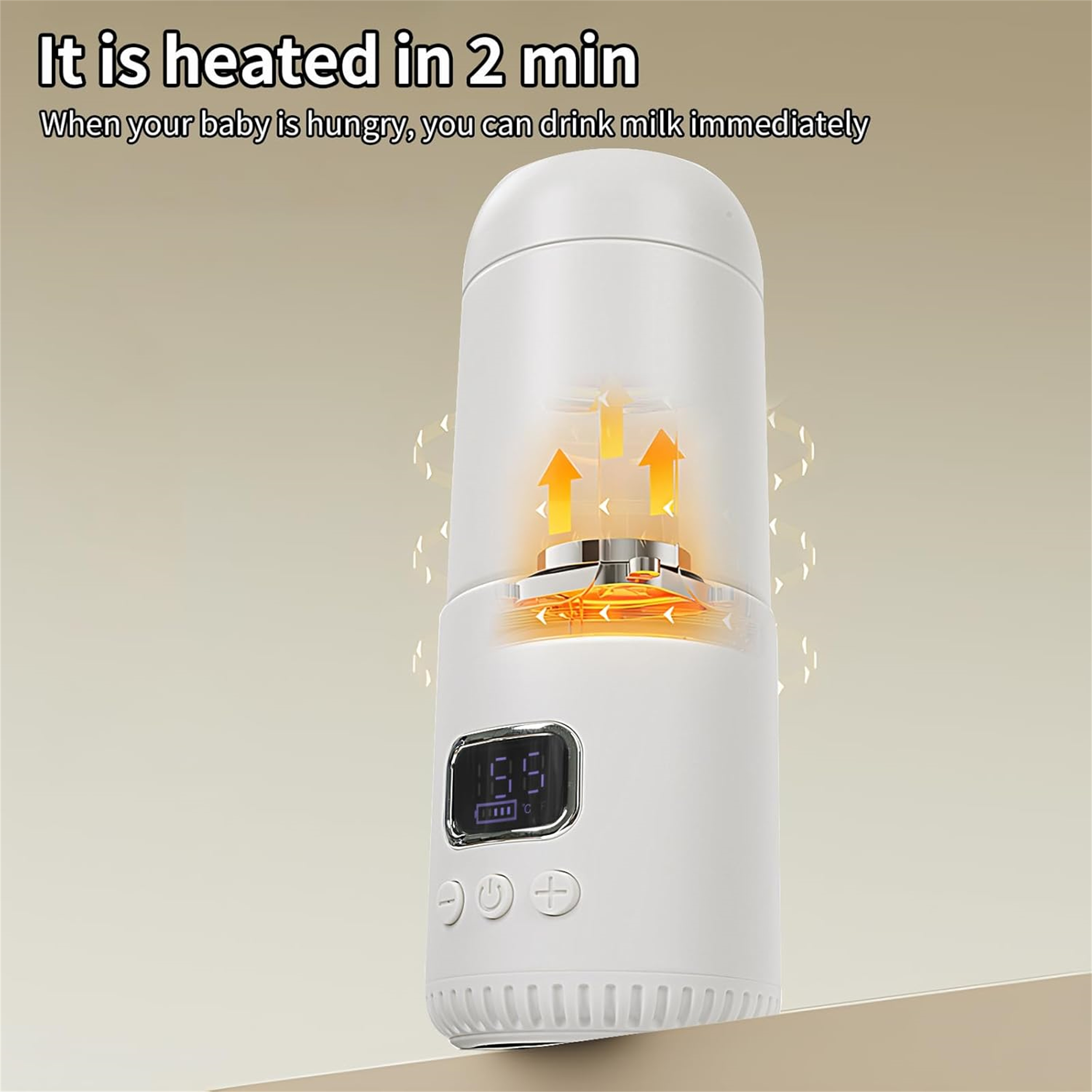 Ein weißer Flaschenwärmer mit Digitalanzeige, die die Temperatur anzeigt, mit orangefarbenen Pfeilen, die das Erhitzen anzeigen.