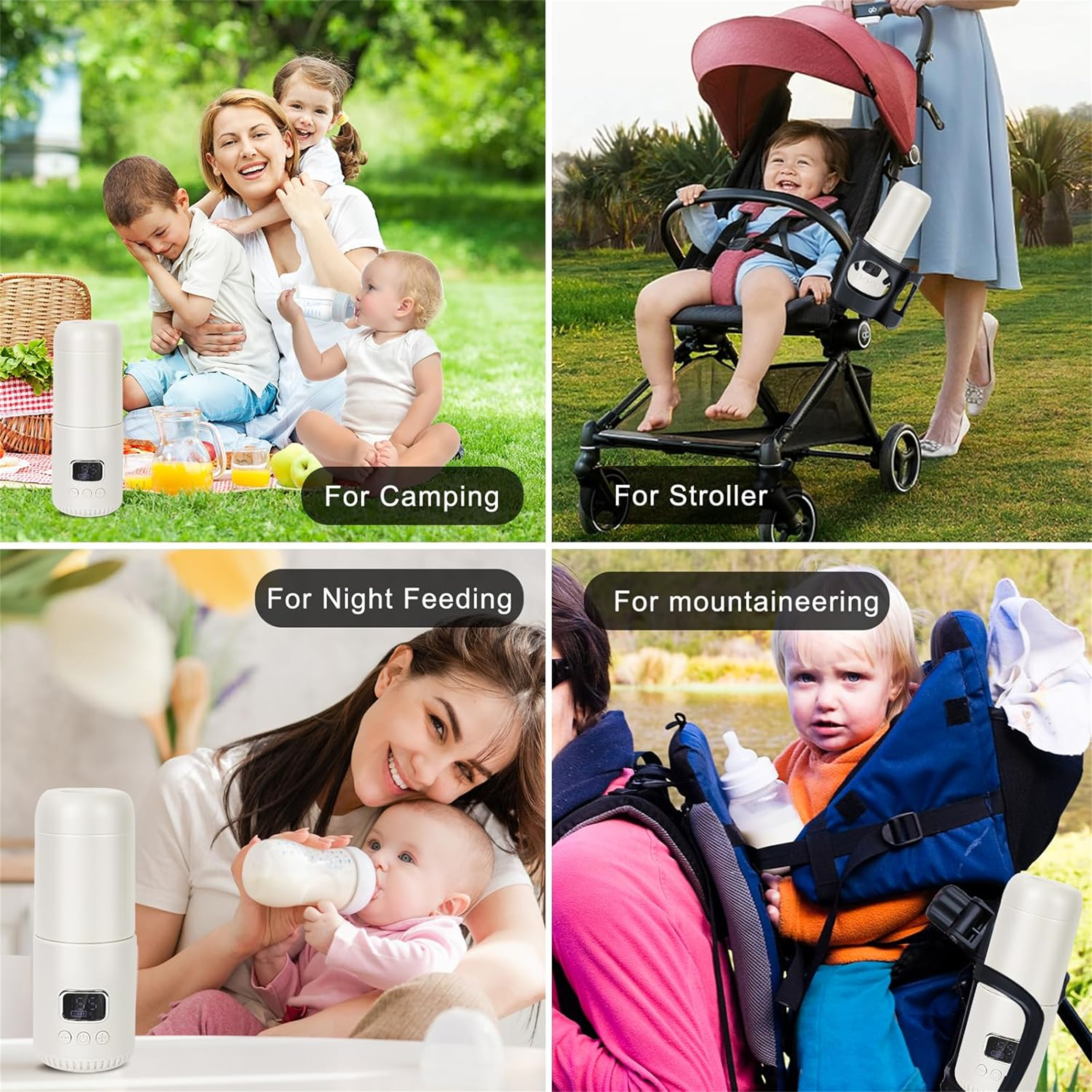 Vier Bilder, die verschiedene Szenarien für die Verwendung eines Flaschenwärmers zeigen: Camping, Kinderwagen, Nachtfütterung und Bergsteigen.