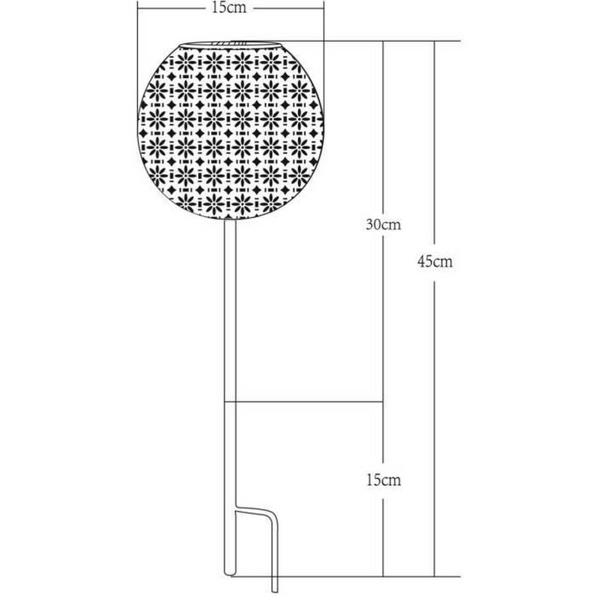 Diagramm einer Gartenleuchte im Freien mit Maßen in Zentimetern, das Abmessungen zeigt.