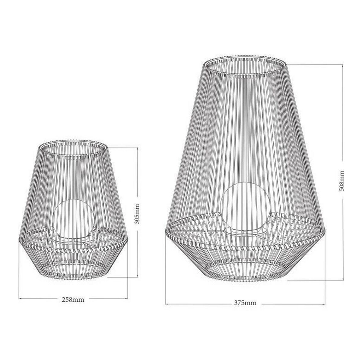 Zwei Drahtrahmenlampen. Eine ist größer, die andere kleiner. Abmessungen sind angegeben.