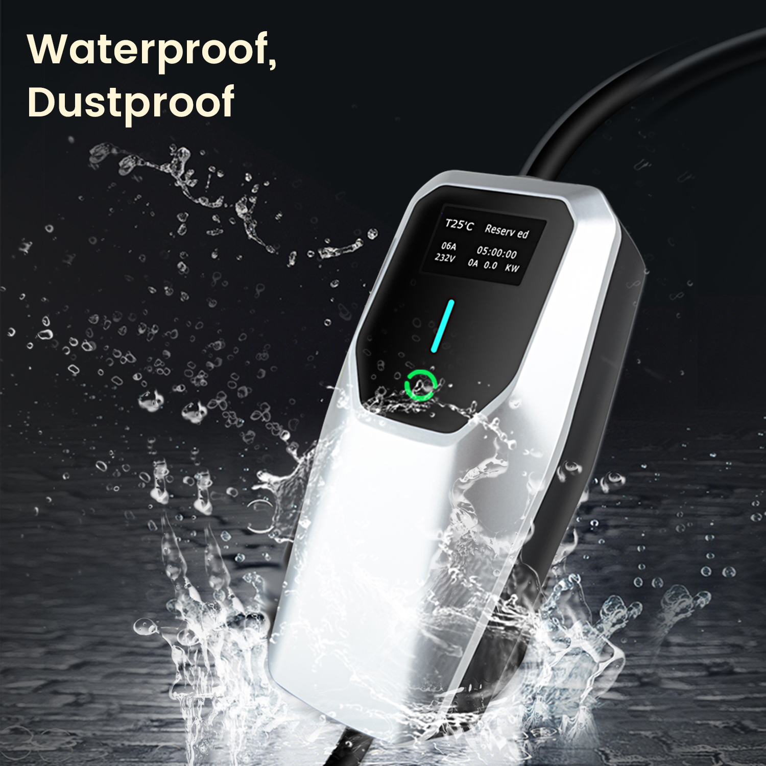 Biała i srebrna ładowarka EV z cyfrowym wyświetlaczem, plusk wody.