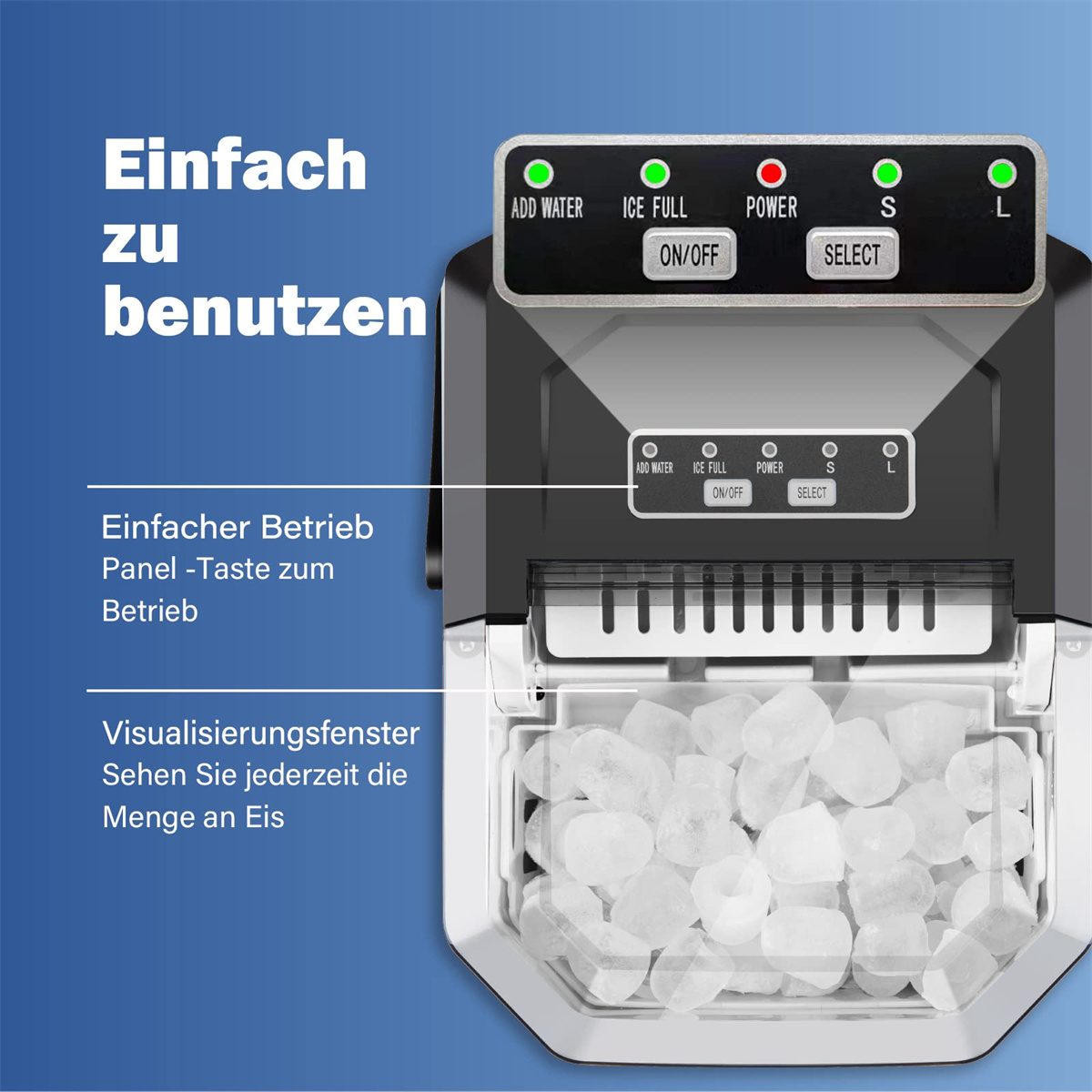 Eismaschinen-Bedienfeld mit Knöpfen und Blick auf Eiswürfel im Inneren.
