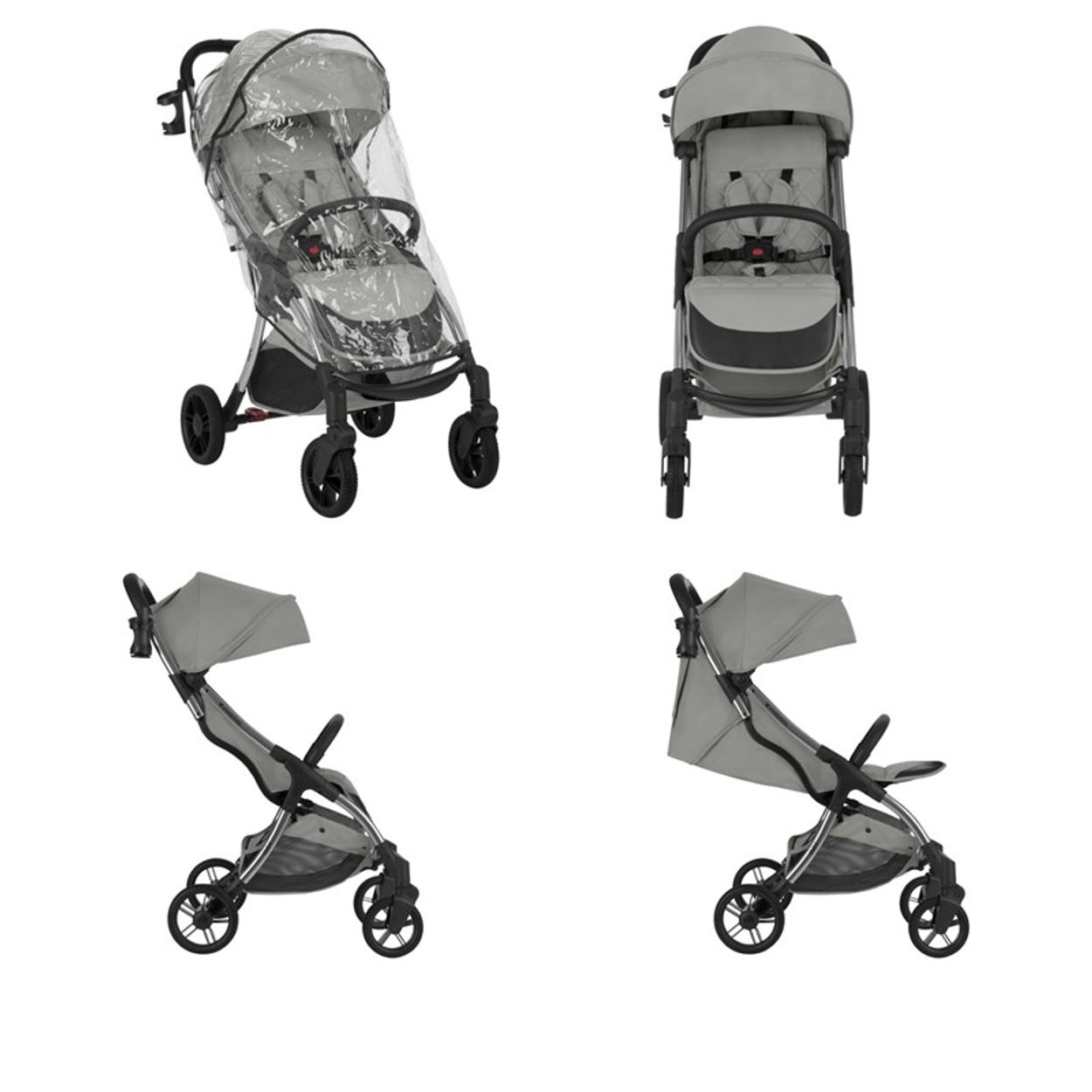 Ein grauer Kinderwagen mit verschiedenen Ansichten: vorne, seitlich, hinten und zusammengeklappt. Räder sichtbar.