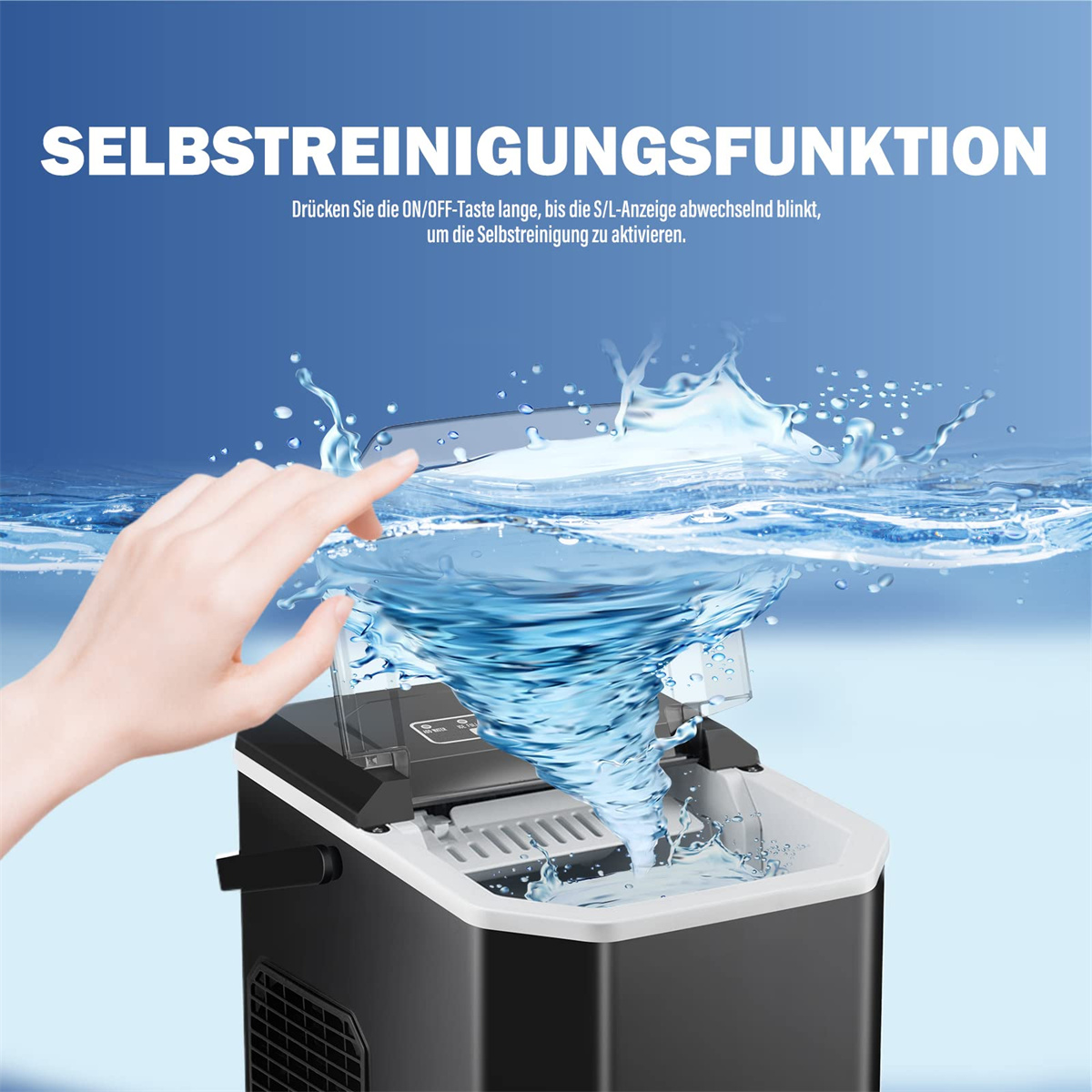 Eine Eismaschine mit wirbelndem Wasser im Inneren, und eine Hand, die auf die Maschine zeigt.